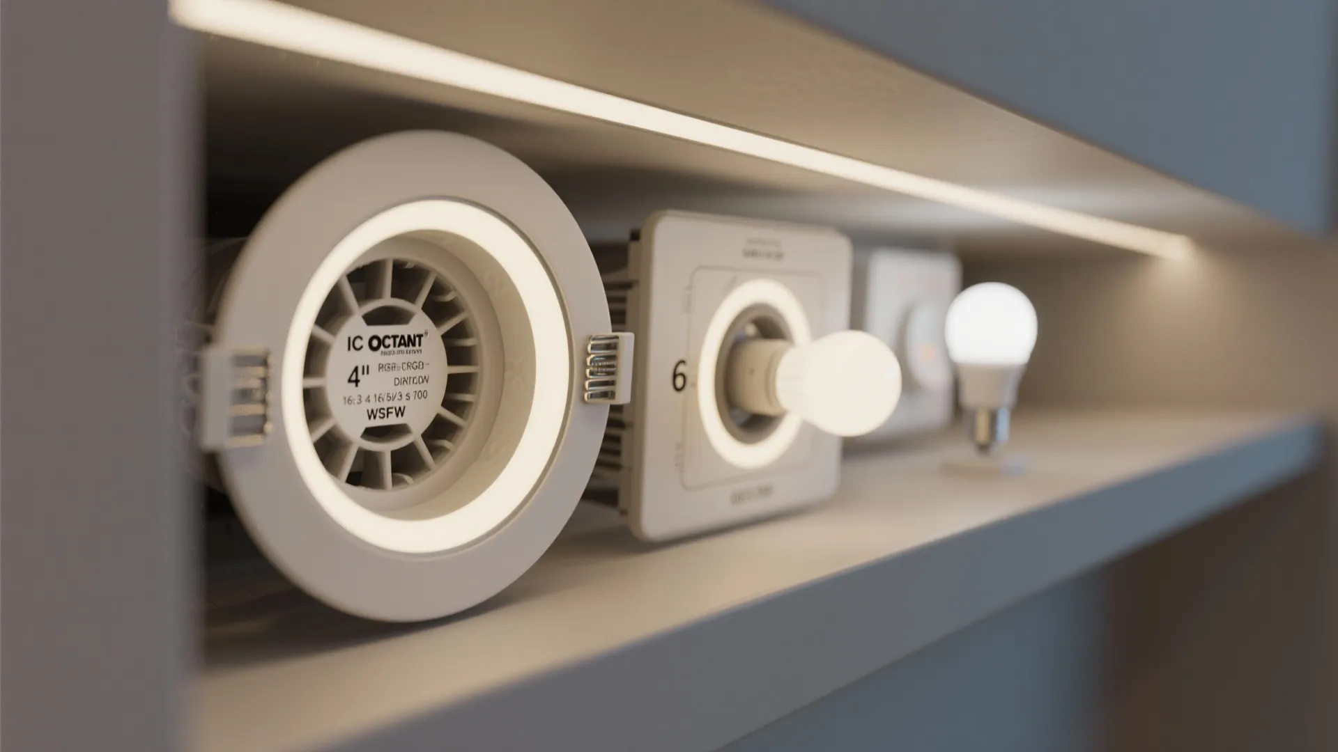 Close-up of 4-inch and 6-inch recessed light trims, IC-rated housing and dimmer sample.
