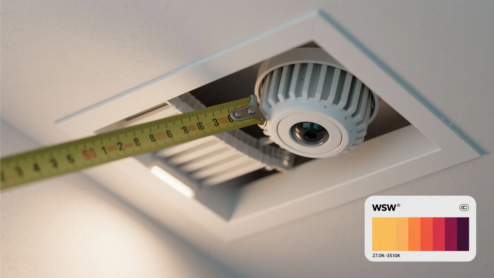 Yellow tape measure measuring size of white light fixture installed in a clean white ceiling