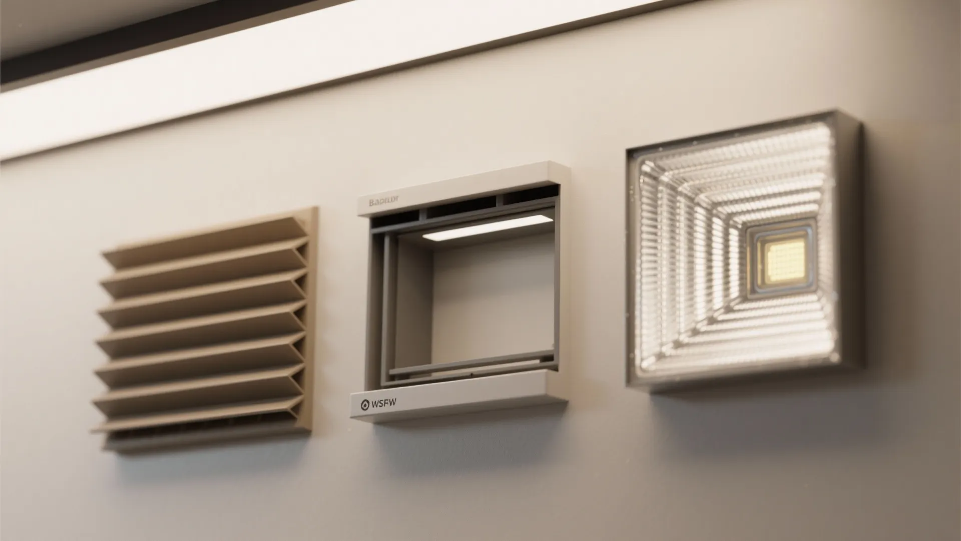 Comparison showing three different square wall light fixtures and brown vent on a white surface