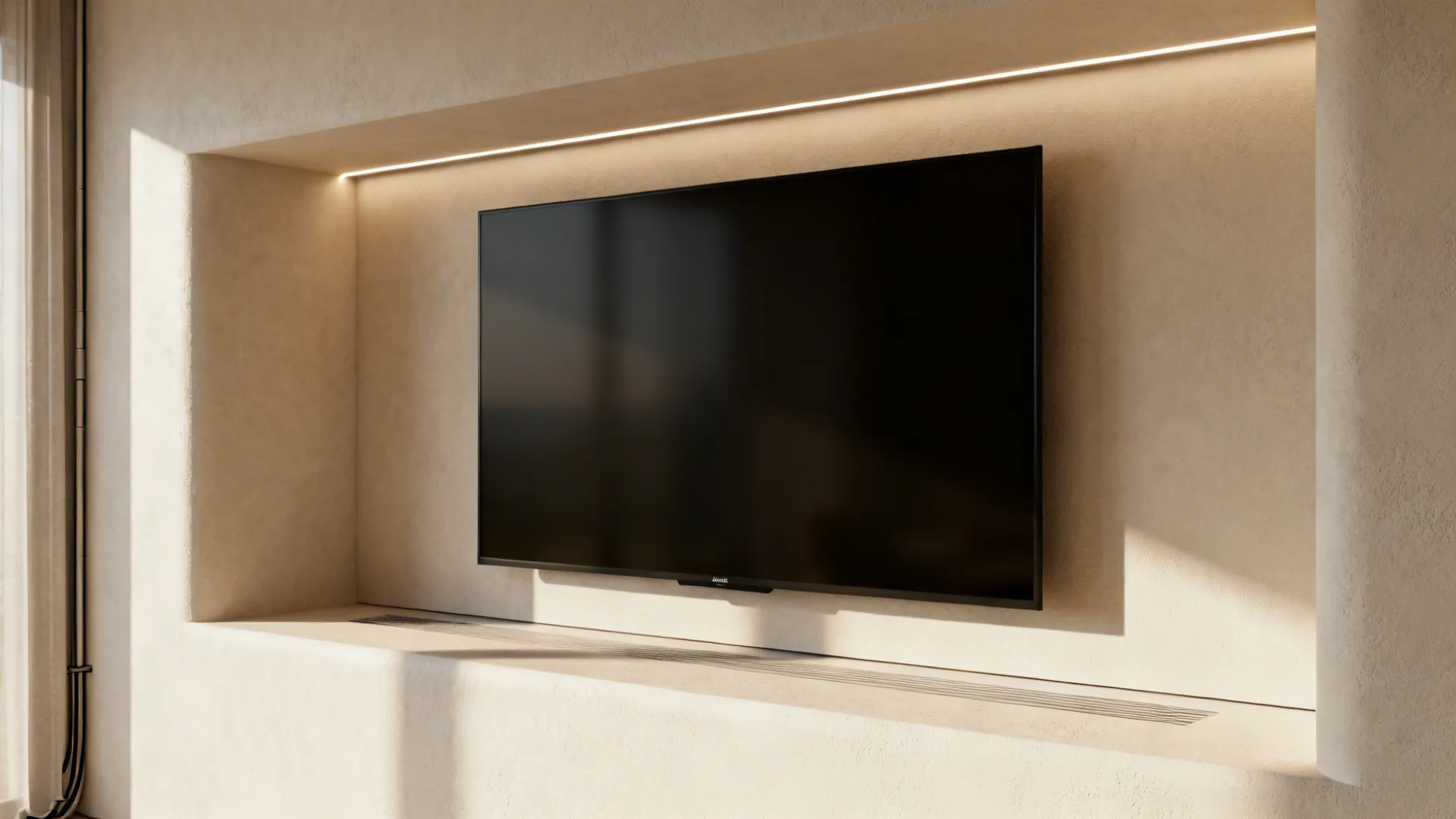Recessed alcove with a 55 inch TV, LED strip lighting and a small ventilation gap