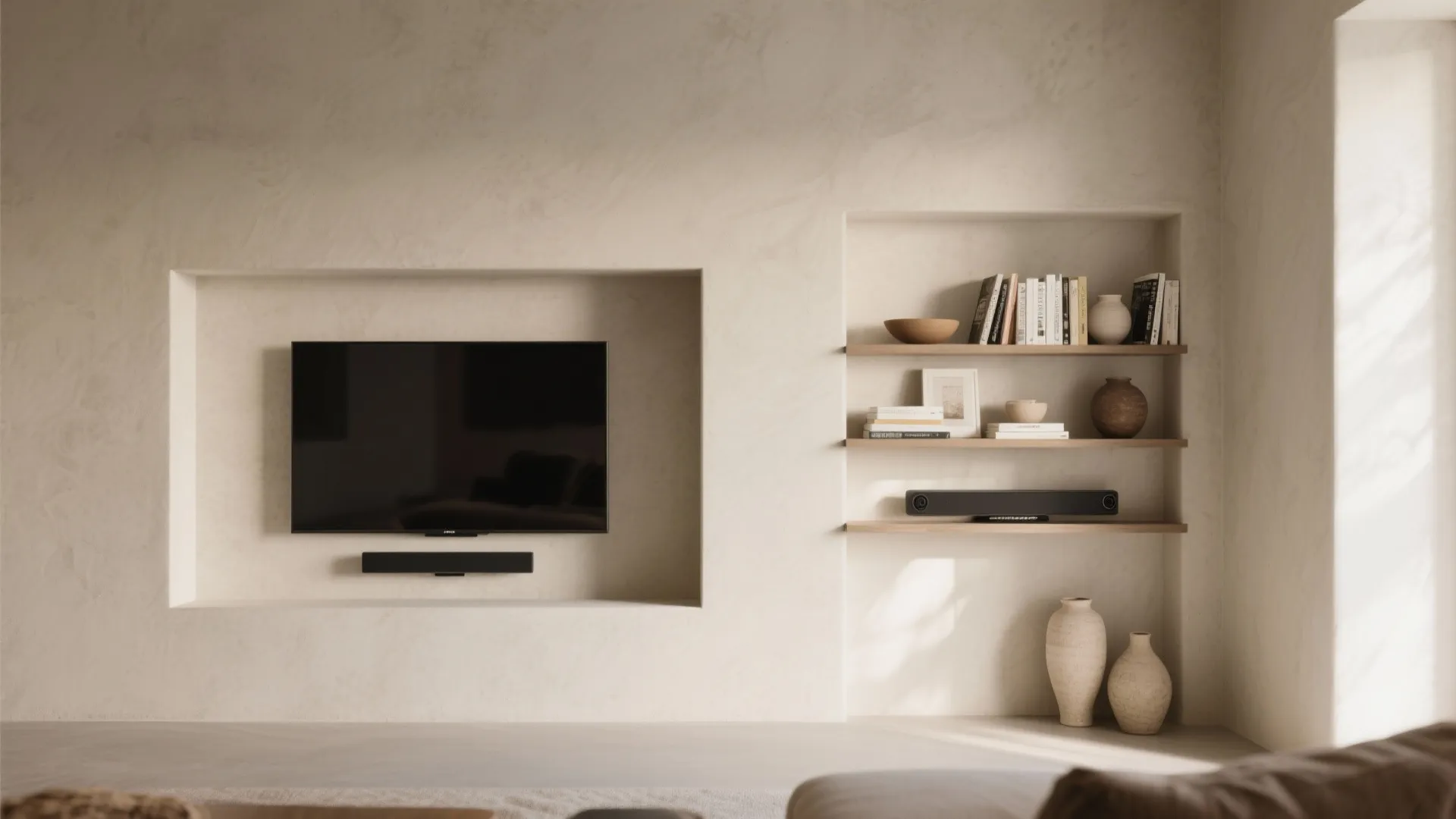 Recessed TV niche with a fine shadow gap and asymmetrical shelving in a narrow living room.