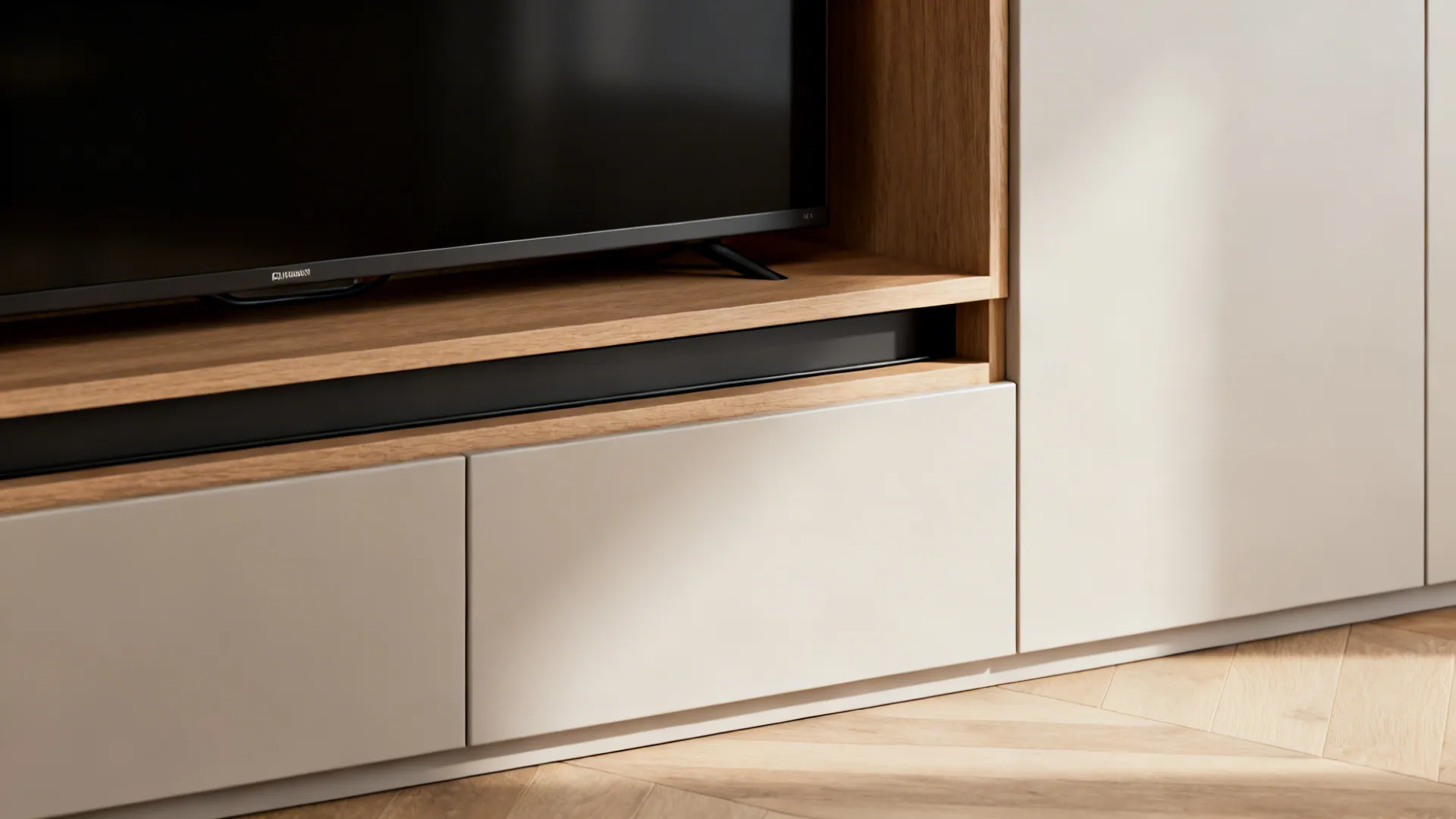 Close-up of a recessed TV niche and flush cabinetry with hidden cable channel and ventilation gap