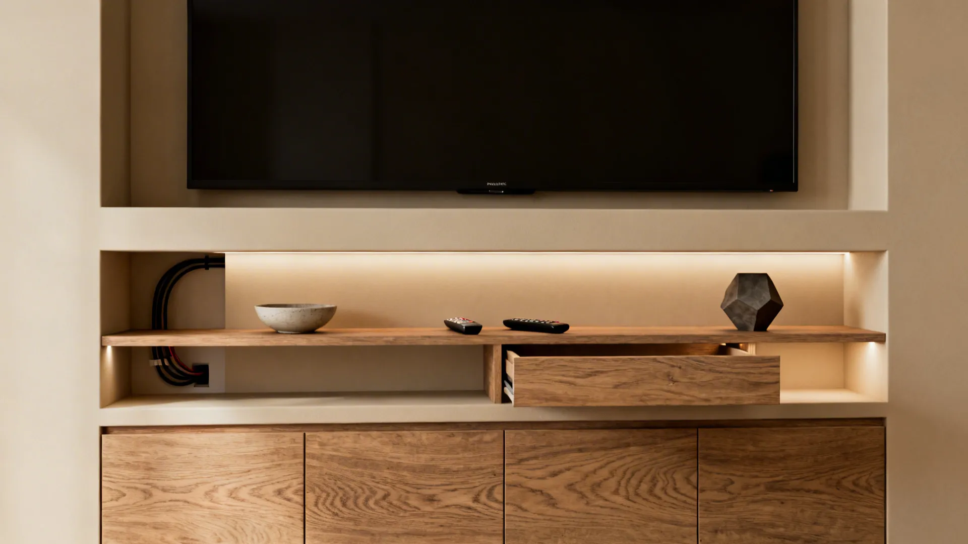 Recessed TV niche with shallow built-in cabinets and concealed cables