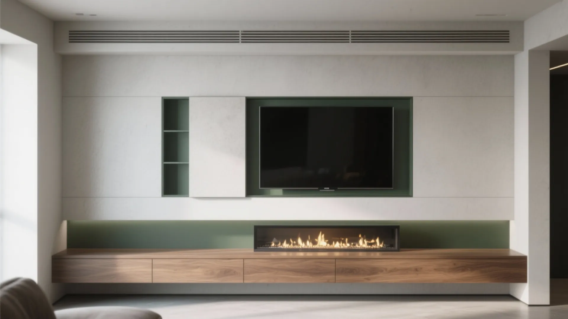 3. Recessed Niche: Hidden TV Above a Linear Fireplace