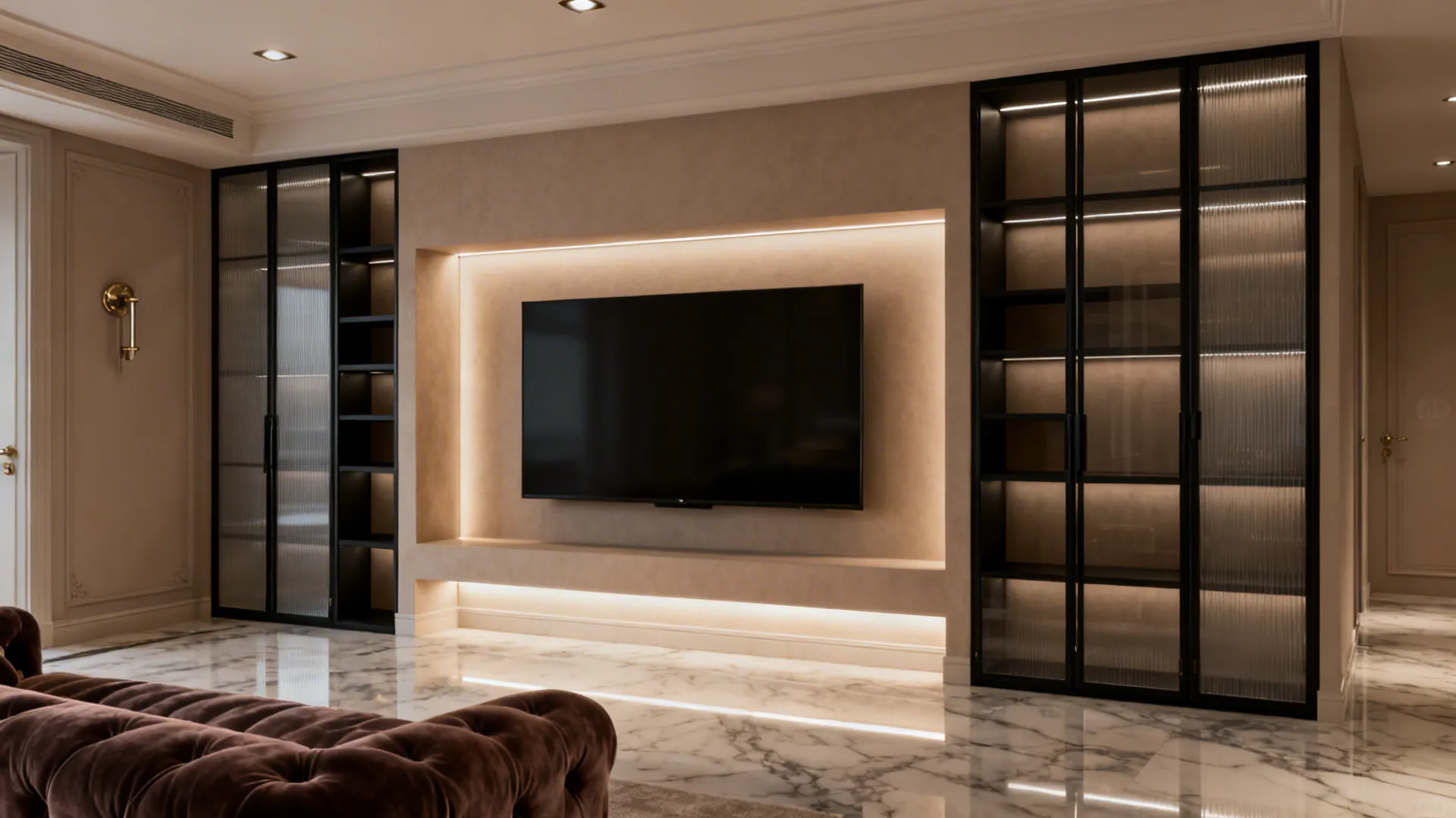 Living room with a recessed niche housing a 65-inch TV and soft backlighting.