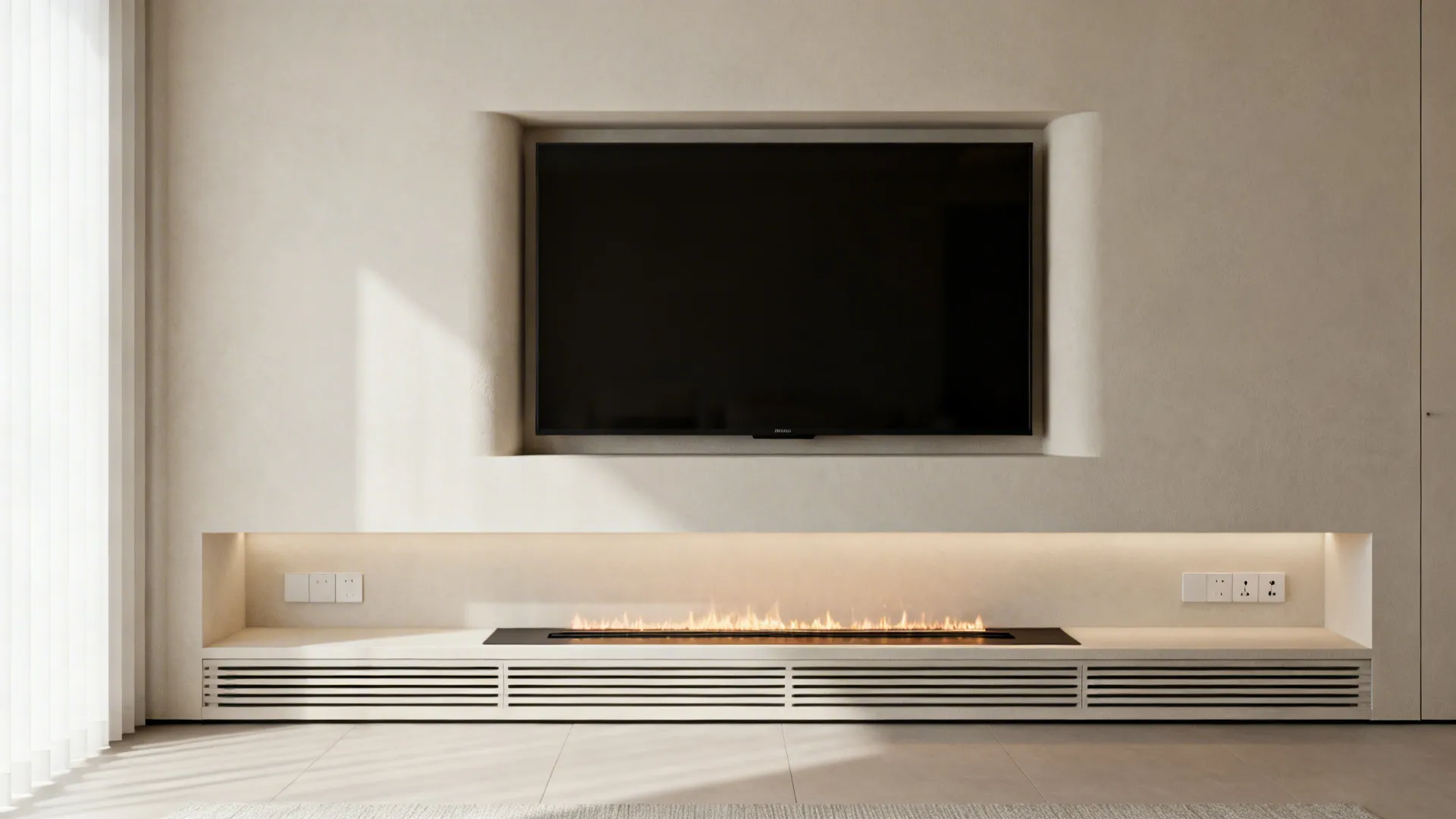 Recessed TV niche above a trimless electric fireplace in a compact minimalist living room