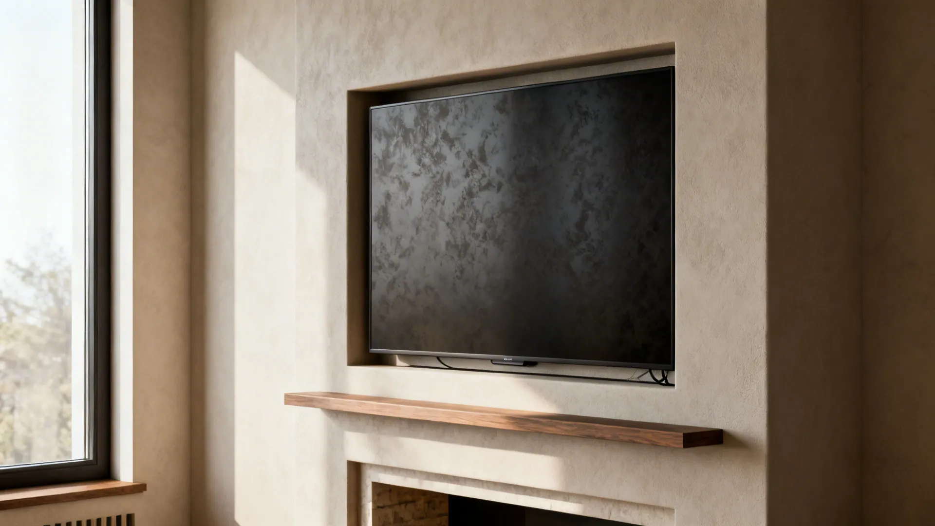 Recessed TV niche set flush into a chimney wall with a slim wooden mantel and hidden cables.
