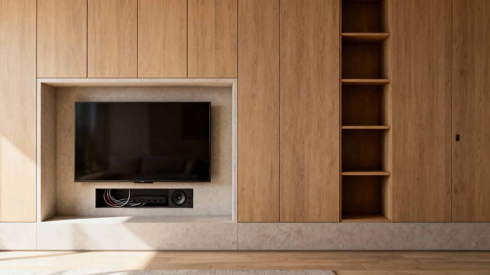 Built-in recessed TV niche next to fireplace with hidden cables and cabinetry.