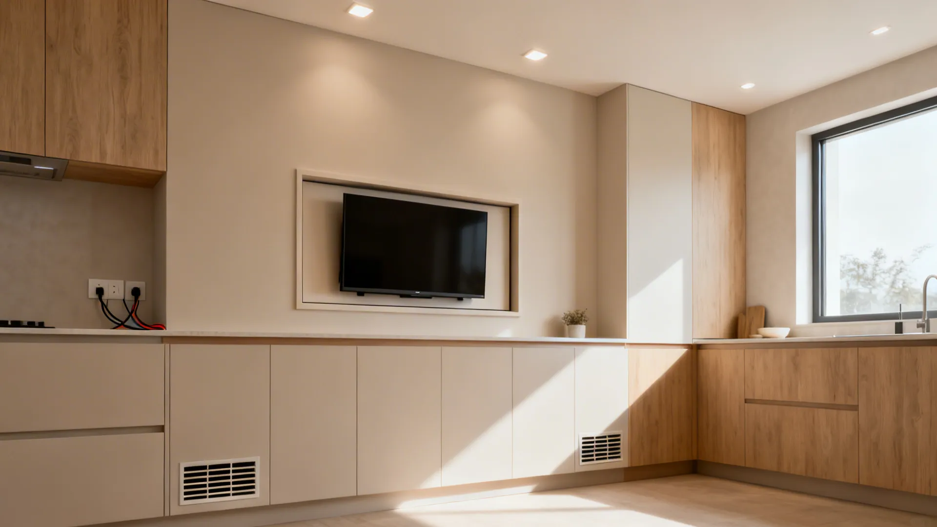 Recessed TV with a tilting frame sitting flush in a modern kitchen wall with concealed wiring.