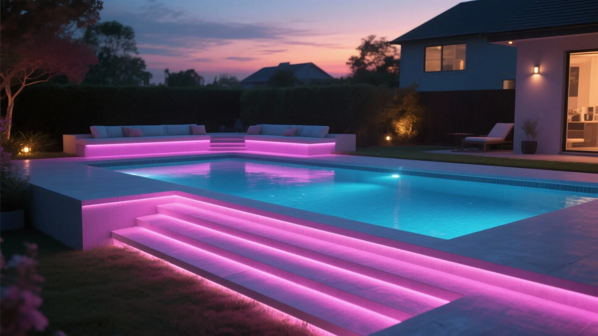 Modern backyard swimming pool with pink led light strips on stairs and blue pool water