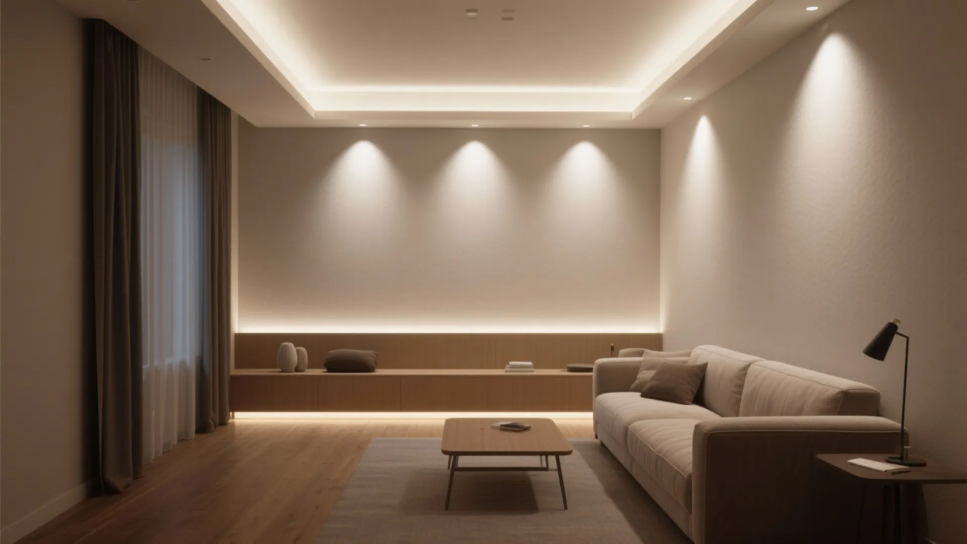Compact living area with recessed wall uplights washing the walls upward to create a taller ceiling feel