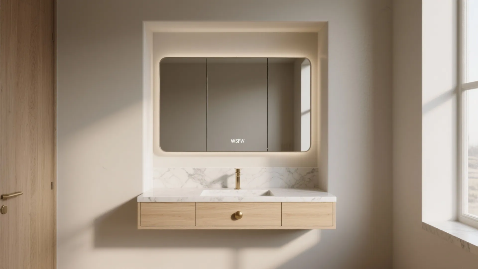 Modern floating wood bathroom cabinet with marble countertop gold faucet and large backlit mirror in niche