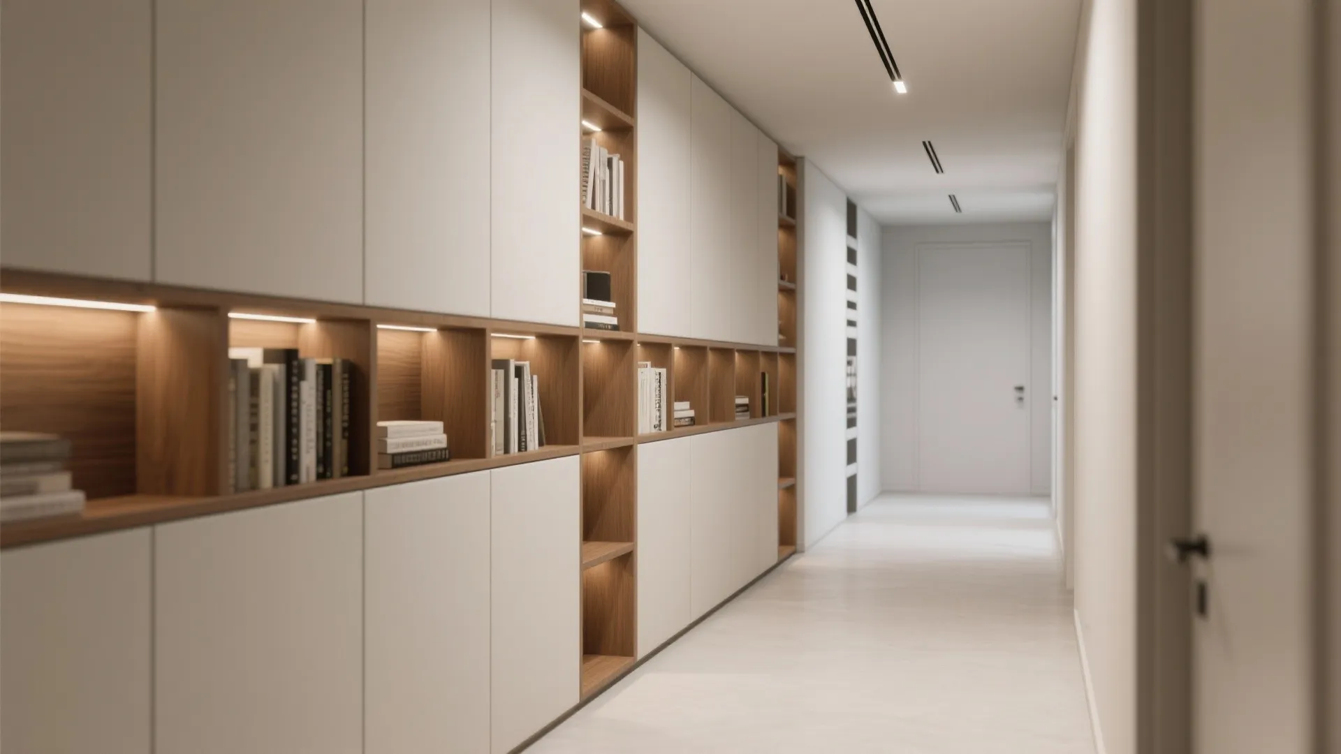 Modern hallway with white cabinets and wooden shelves with warm light fixtures and white walls