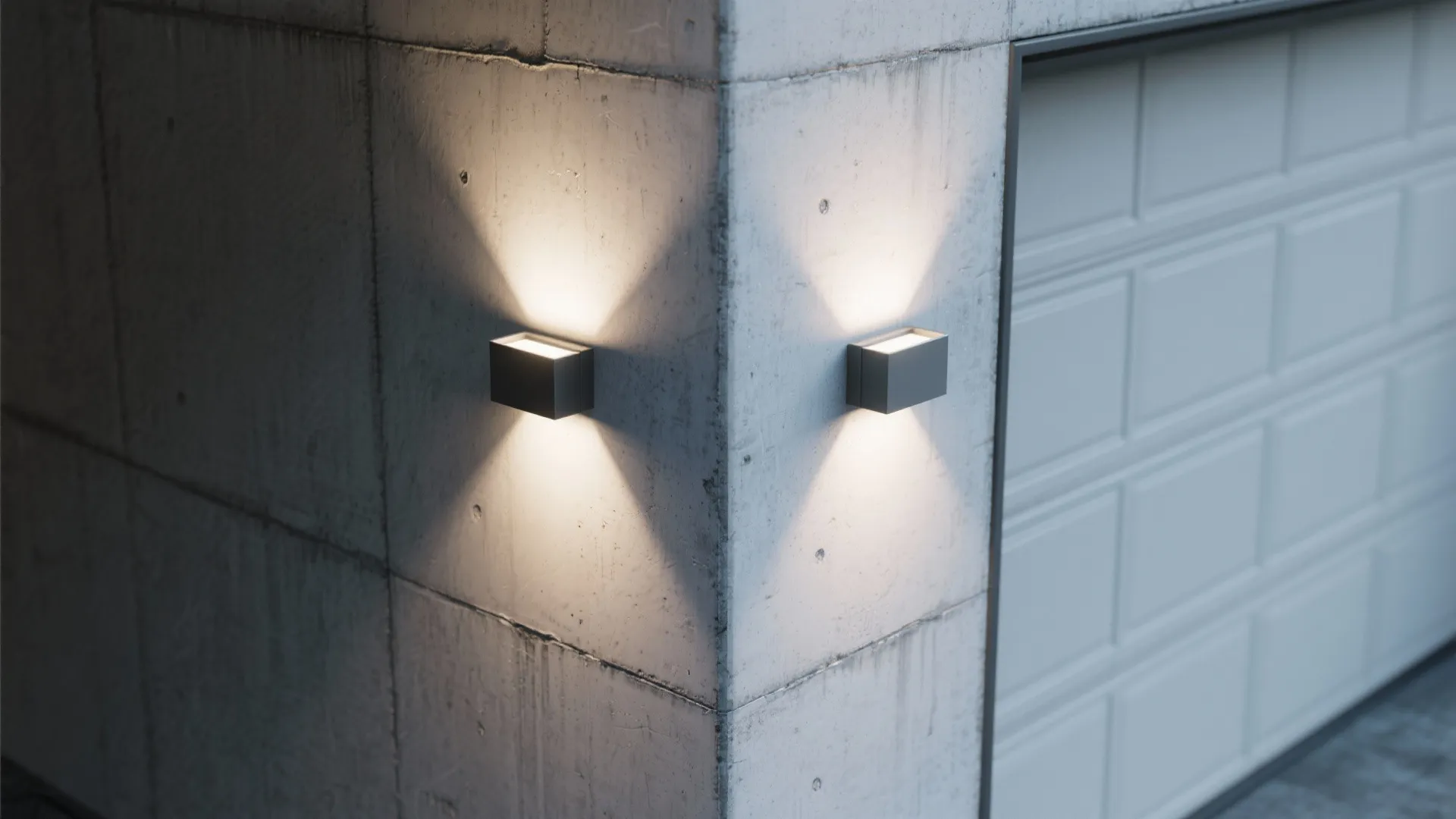 Two small square wall light fixtures on a concrete corner casting light up and down