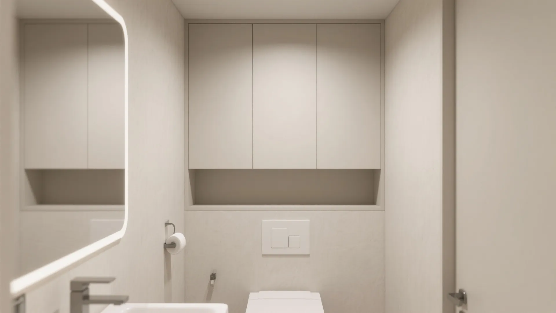 Small minimalist bathroom with beige storage cabinet above toilet and illuminated mirror over the sink