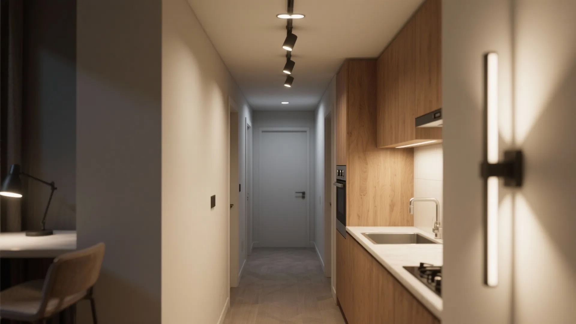 Narrow kitchenette and hallway illuminated by recessed downlights and slim wall sconces for unobstructed sightlines.