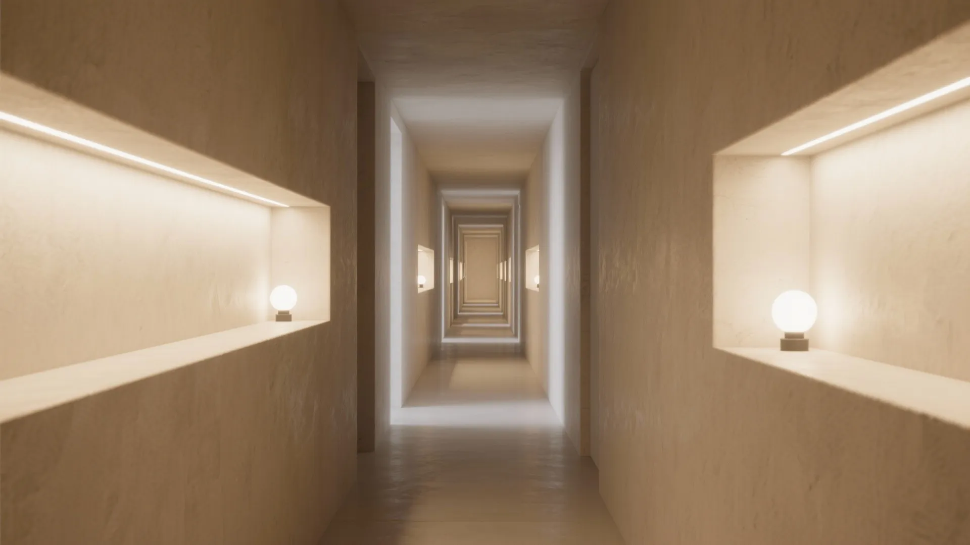 Narrow hallway with recessed wall fixtures washing the floor, making the passage feel wider.