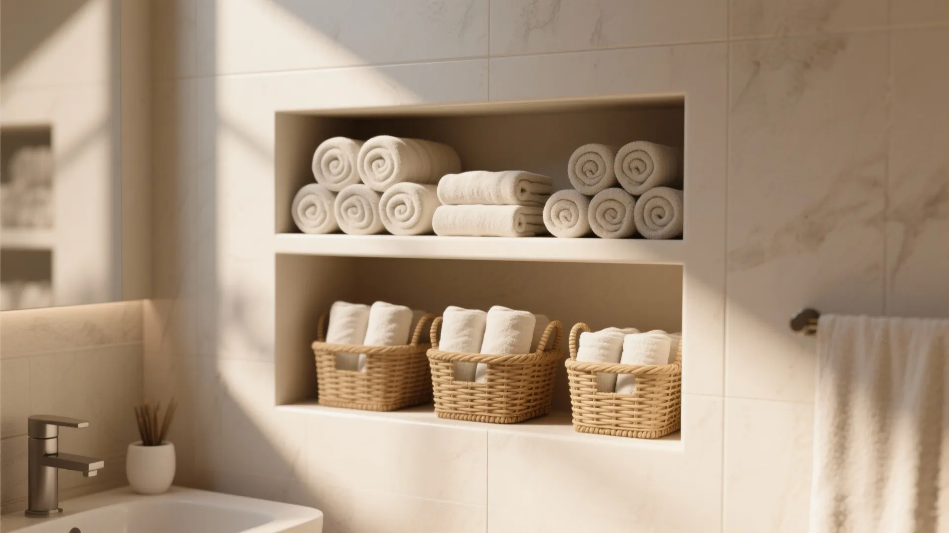 Built in wall shelves holding rolled white towels and small brown baskets in a bathroom