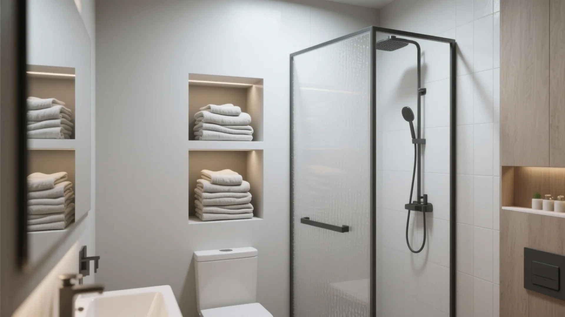 Modern bathroom interior featuring recessed wall niches with folded towels next to glass shower door