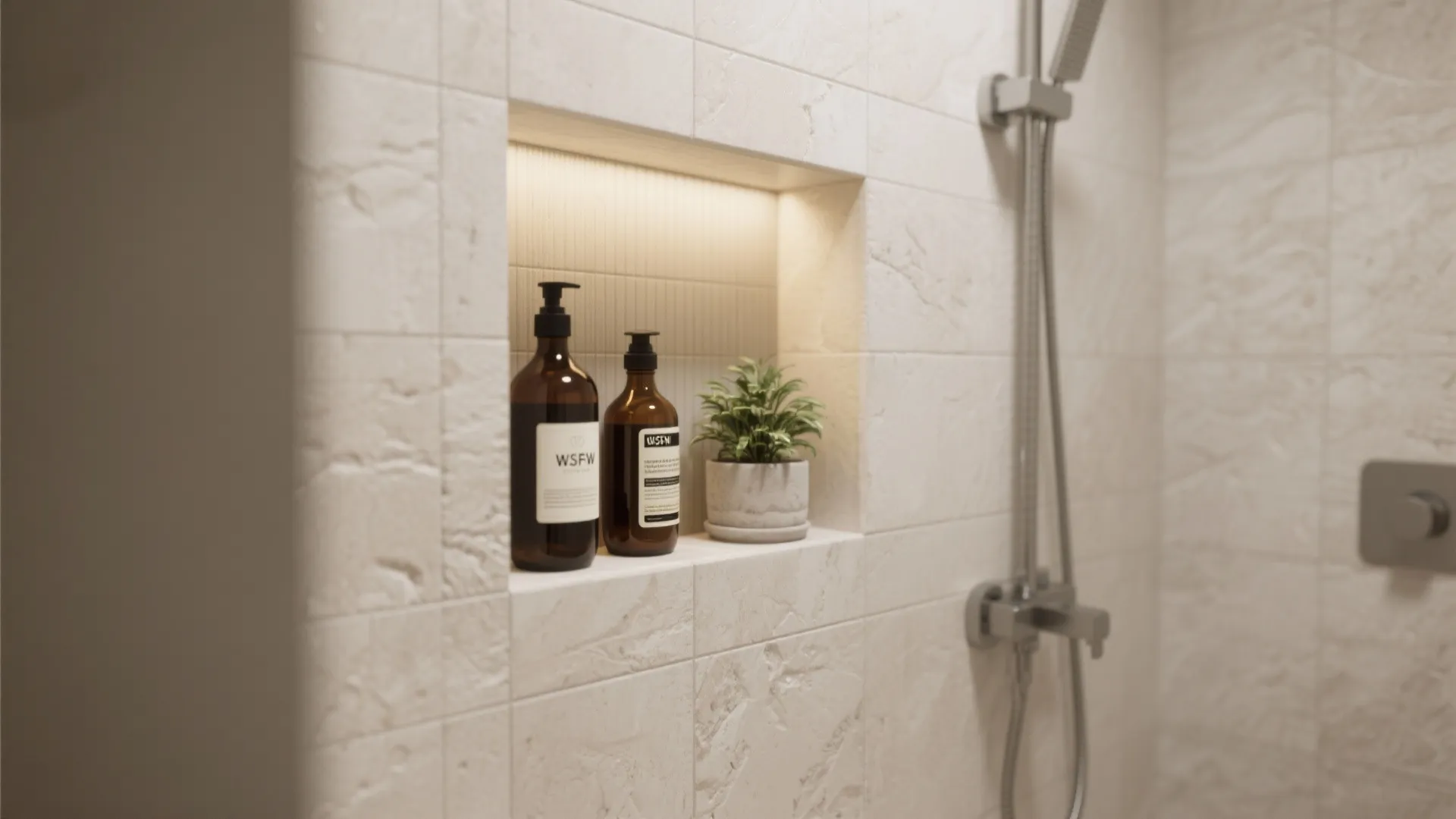 Recessed wall shelf in shower with soap bottles a small green plant and warm light
