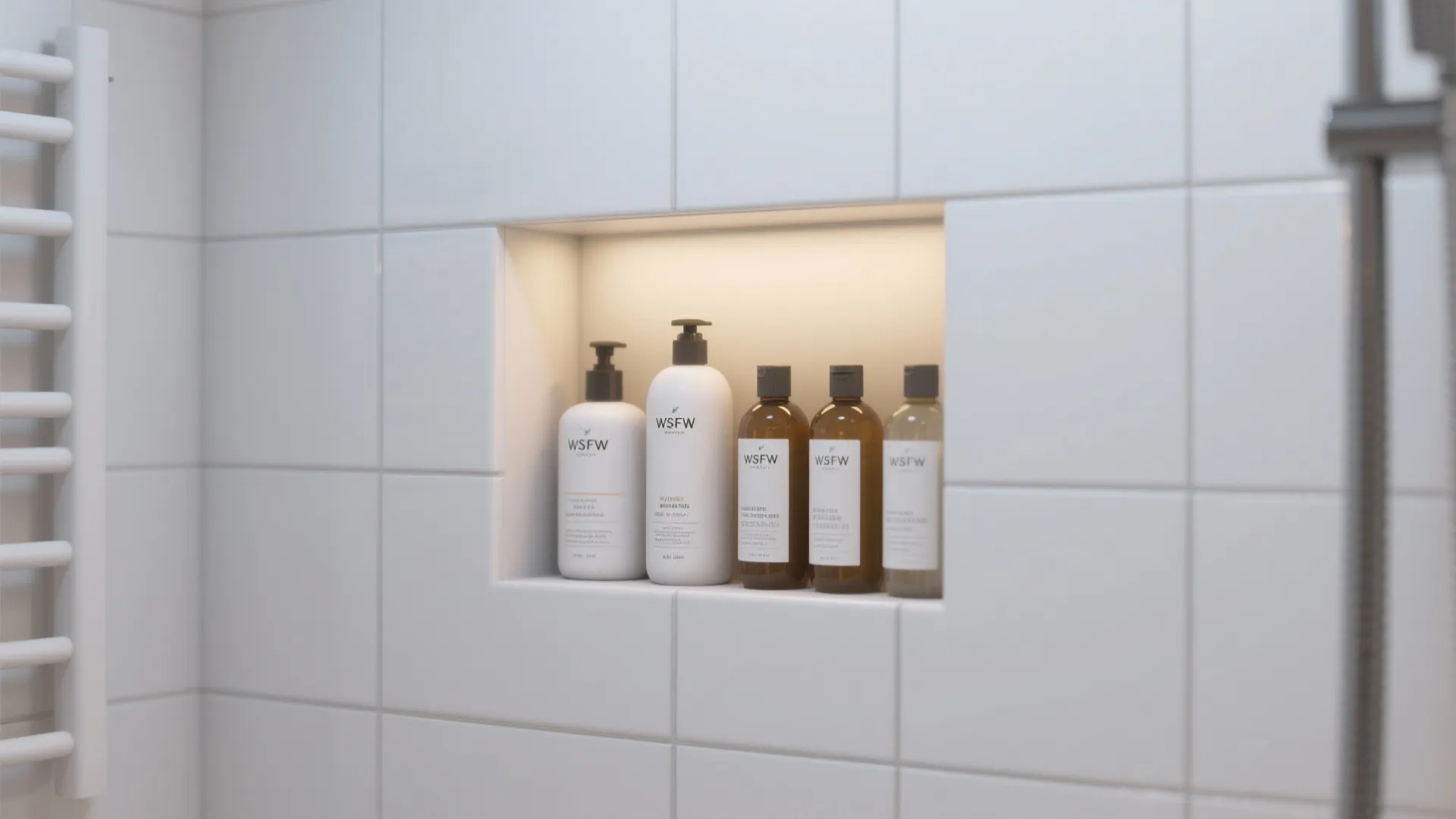Built in shower wall shelf with warm lighting holding five white and brown soap bottles