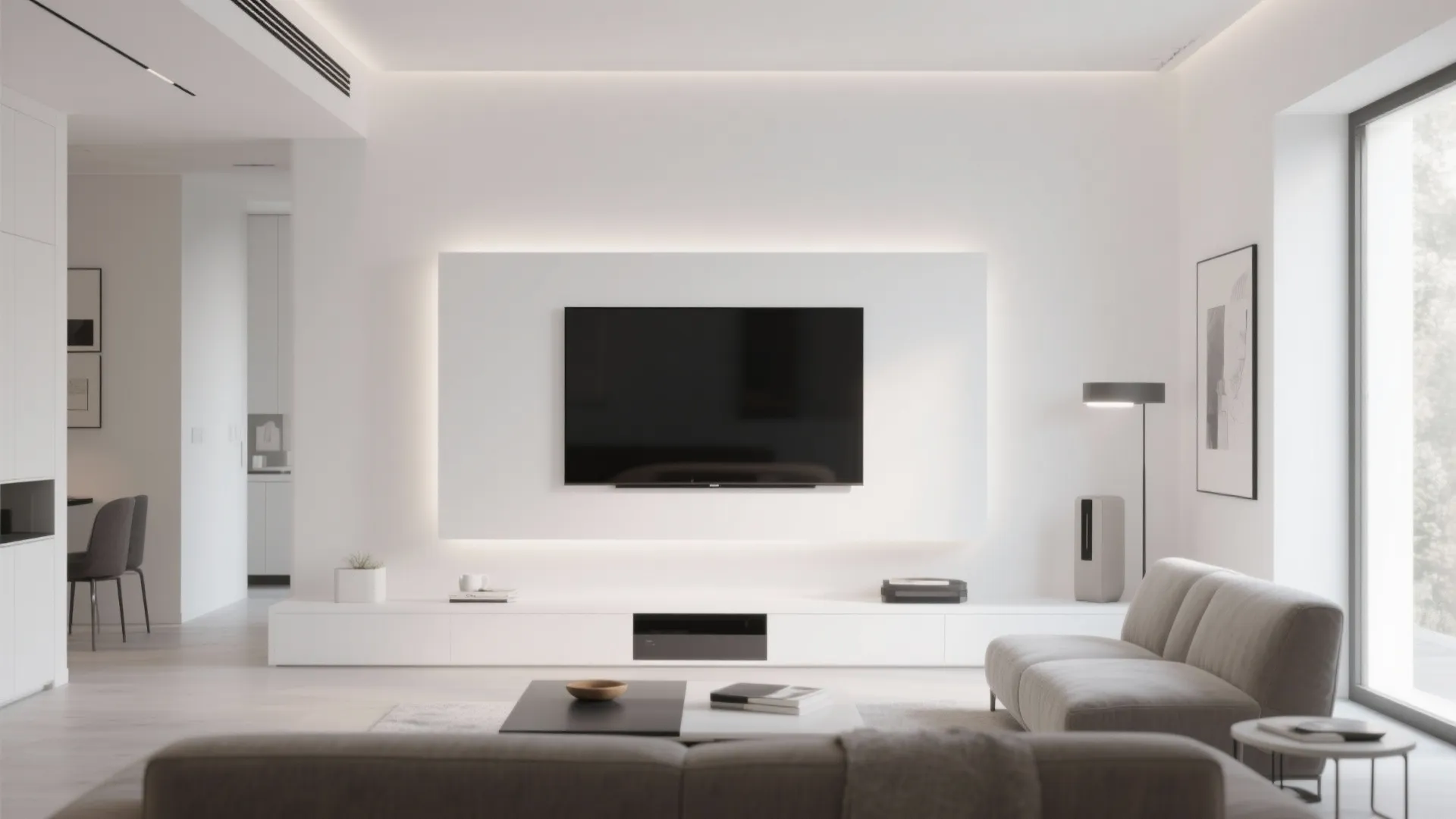 Clean white modern living room with backlight television wall, white cabinet, sofa, and minimalist decor