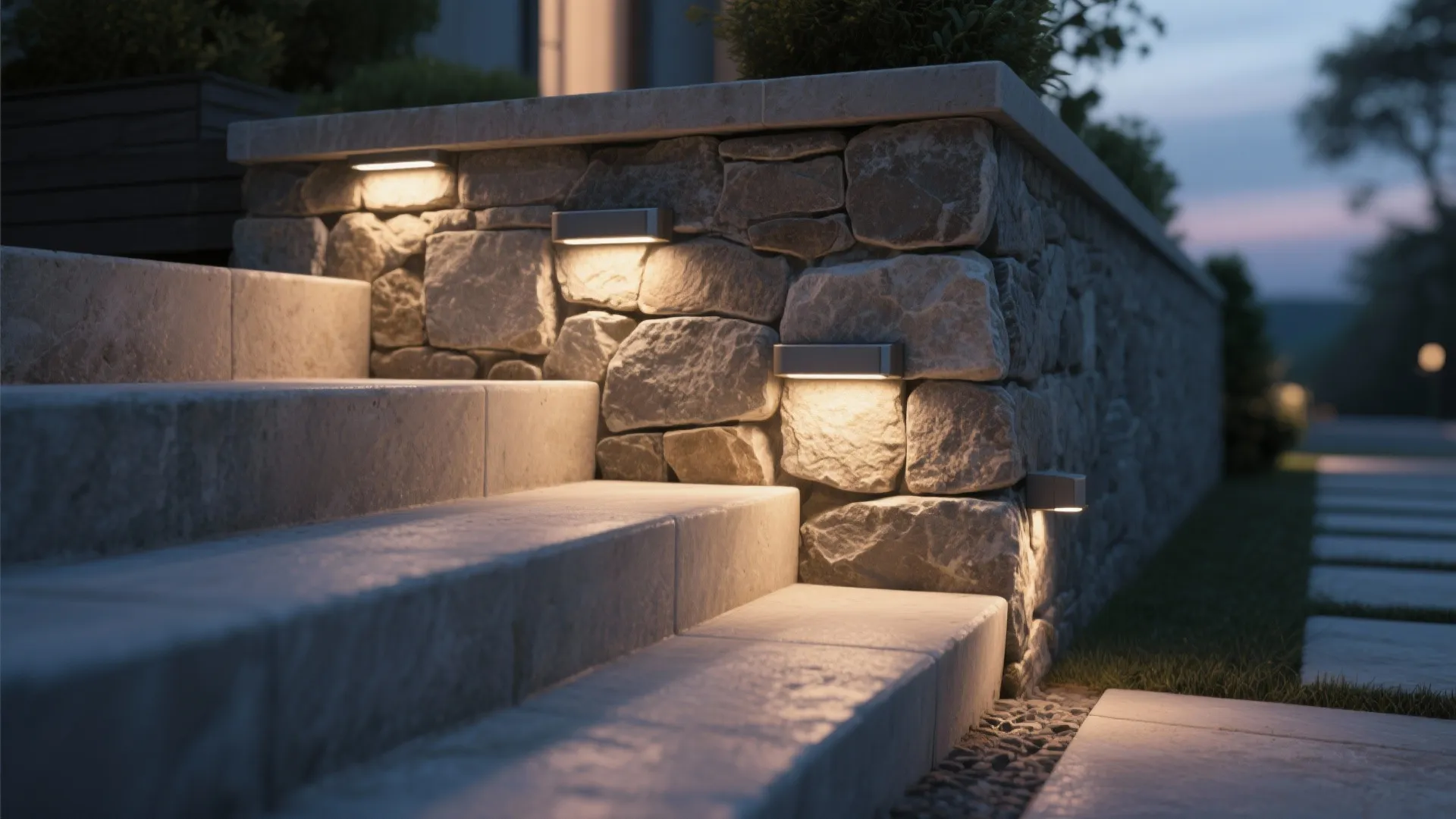 Outdoor stone stairs with small lights installed on the side wall to illuminate the steps safely