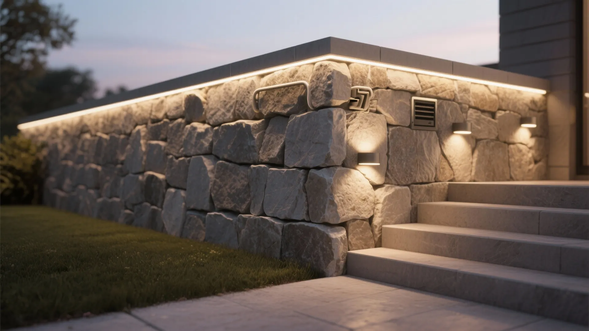 Stone wall with led strip light under top edge and small wall lights illuminating stairs