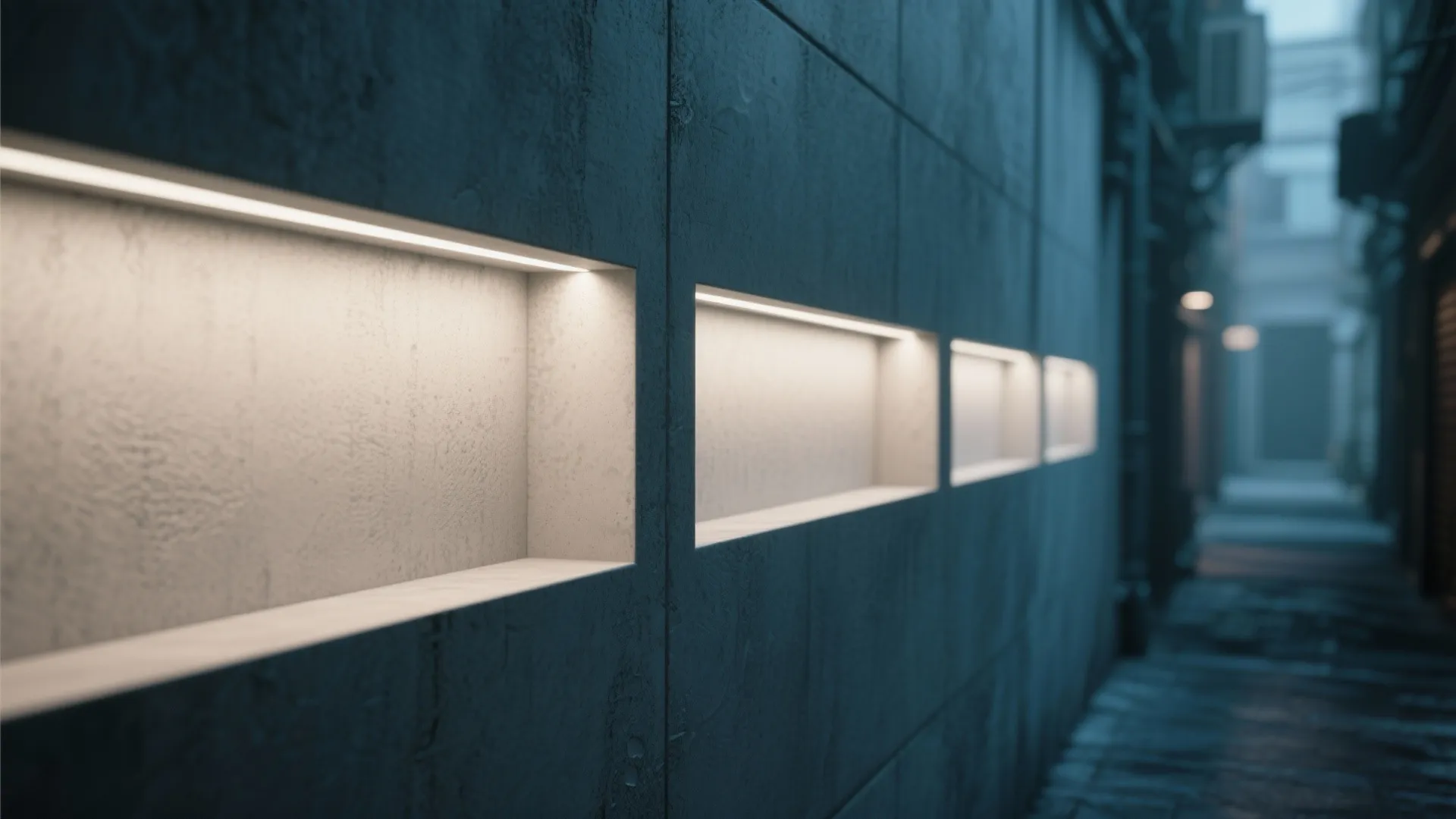 Minimalist recessed wall washers producing a seamless wash along a narrow alley wall.