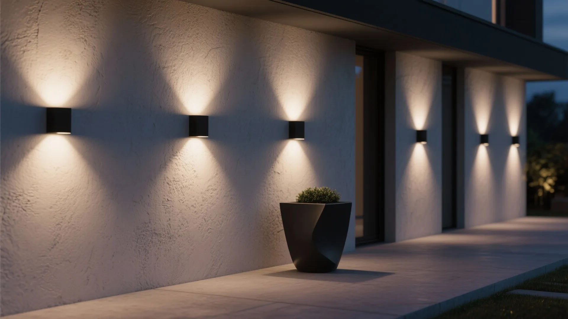 Modern black outdoor wall light fixtures casting warm glow on white stone wall at nighttime setting