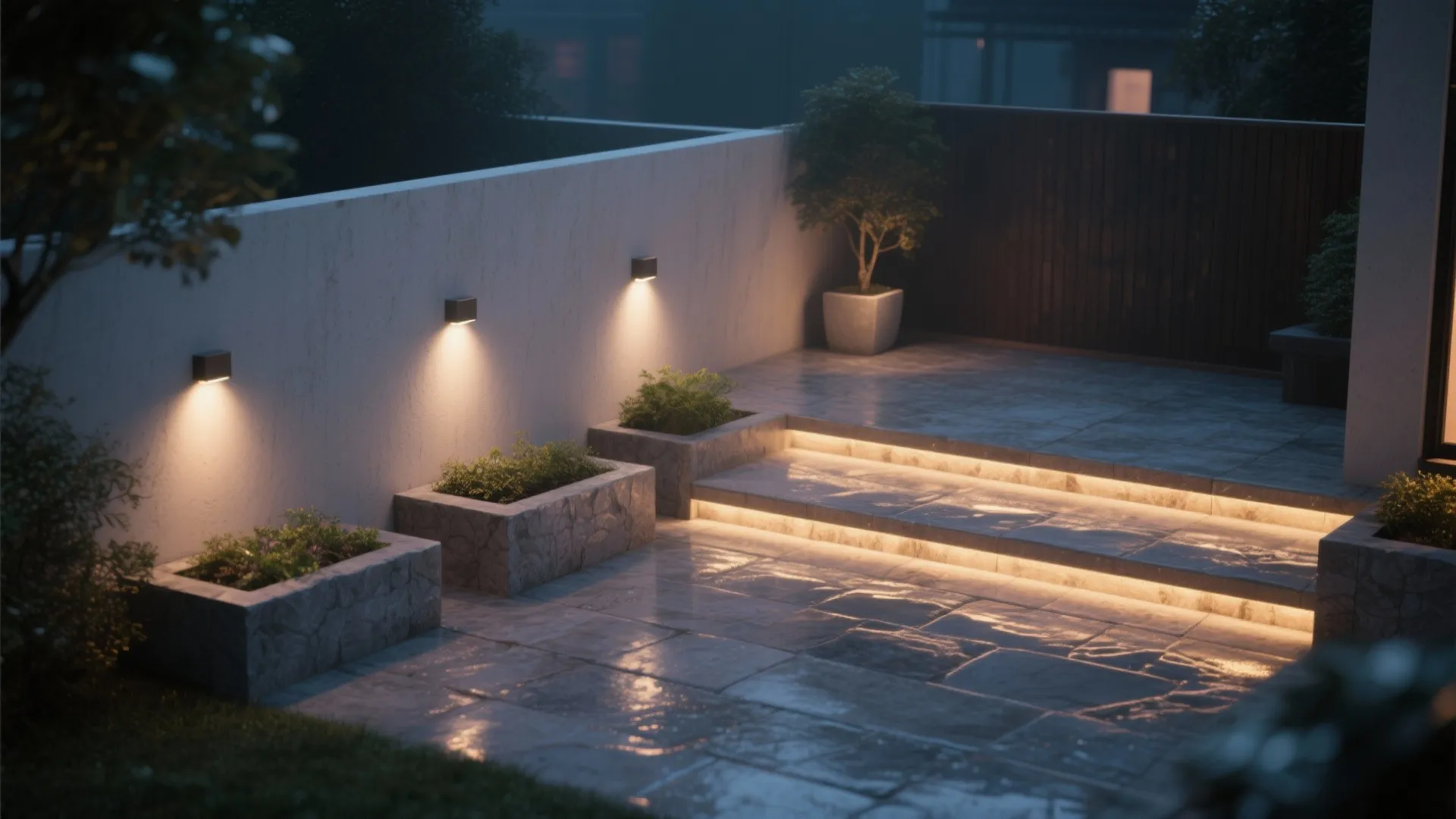 Terraced courtyard with recessed LED wall washers gently illuminating steps and raised planters at night.