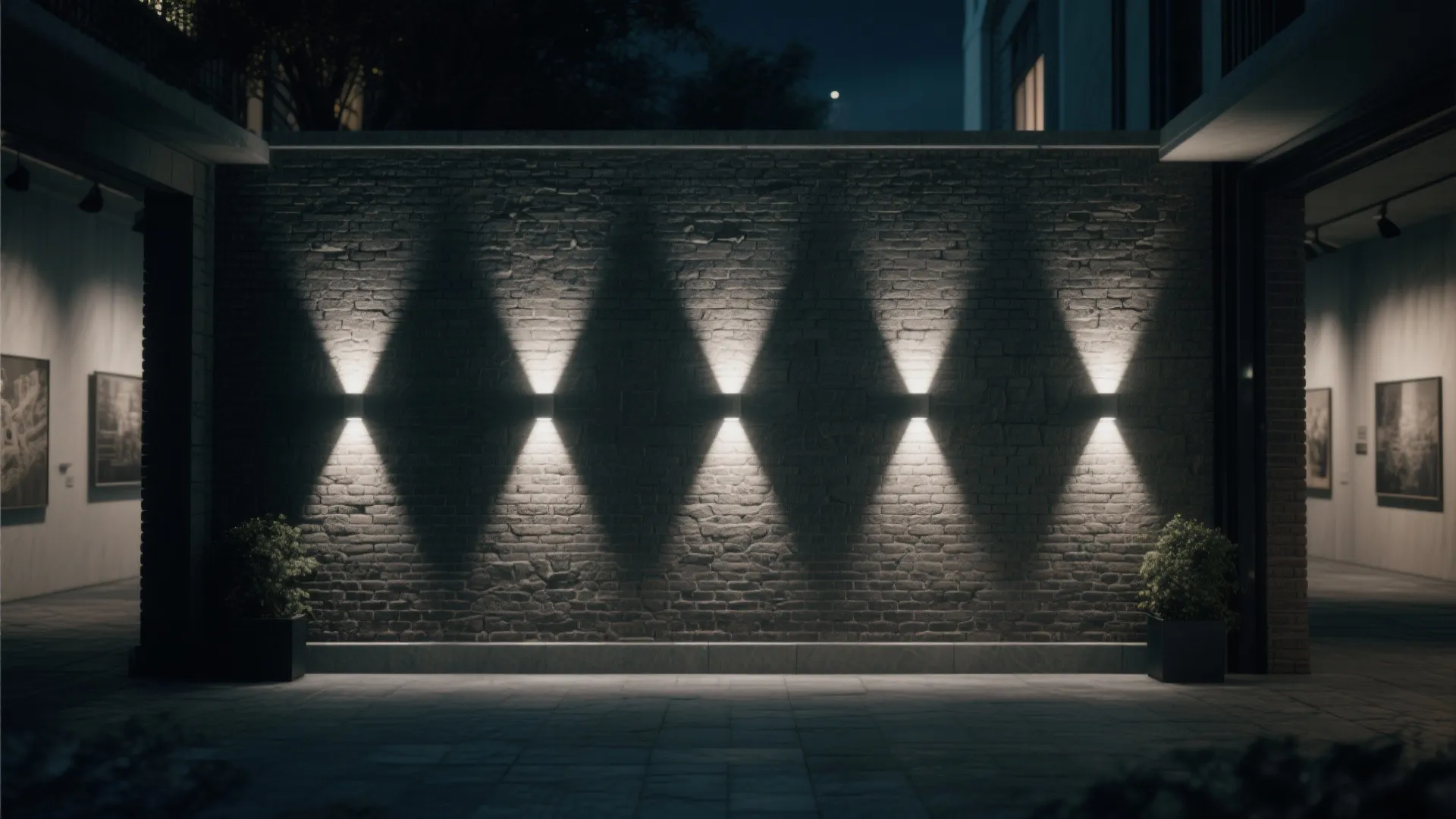 Courtyard wall lit by recessed wall washers that highlight brick and stone texture with vertical shadows.