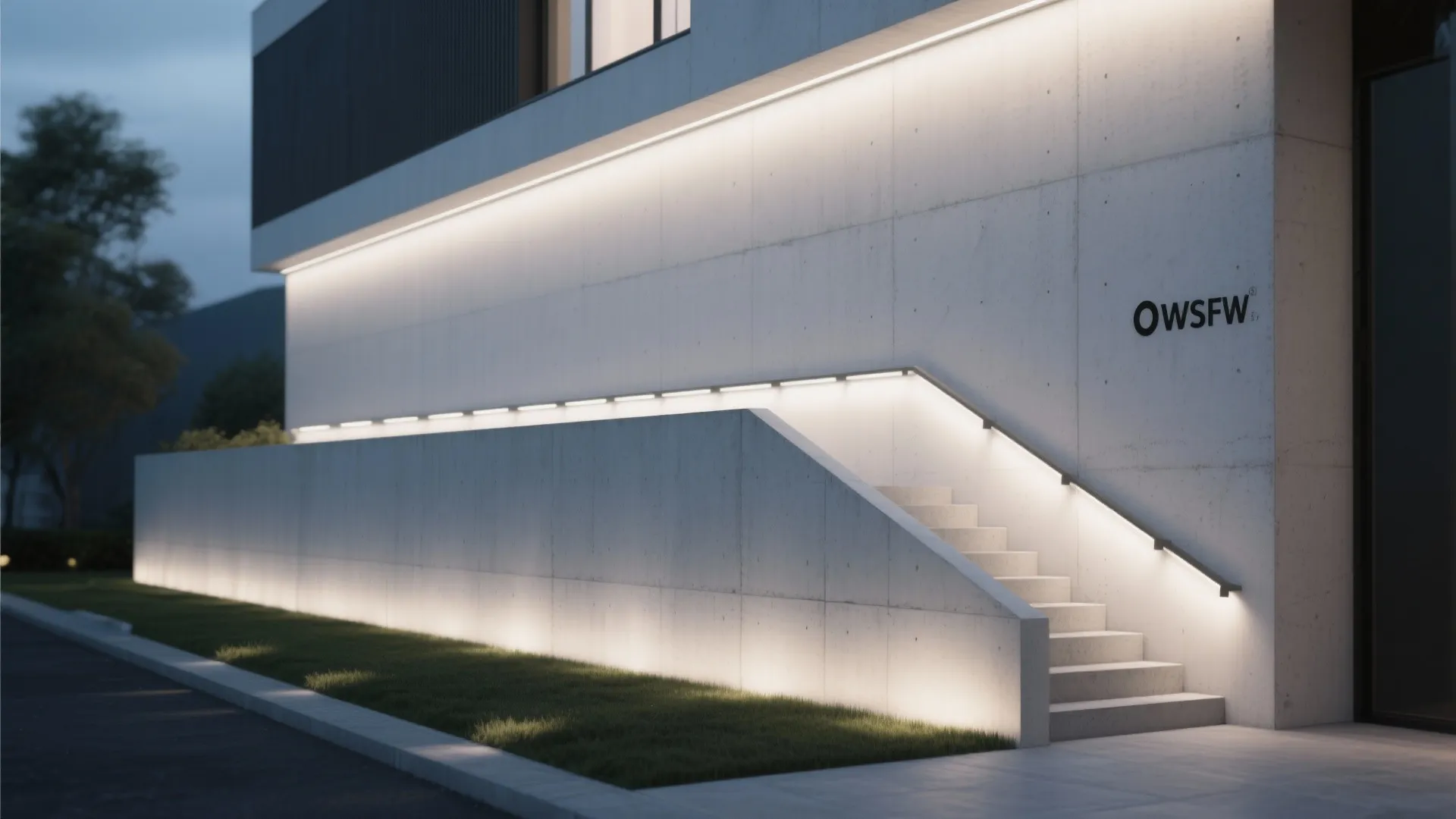 Modern white outdoor concrete stairs with bright linear wall lights and integrated handrail light fixture