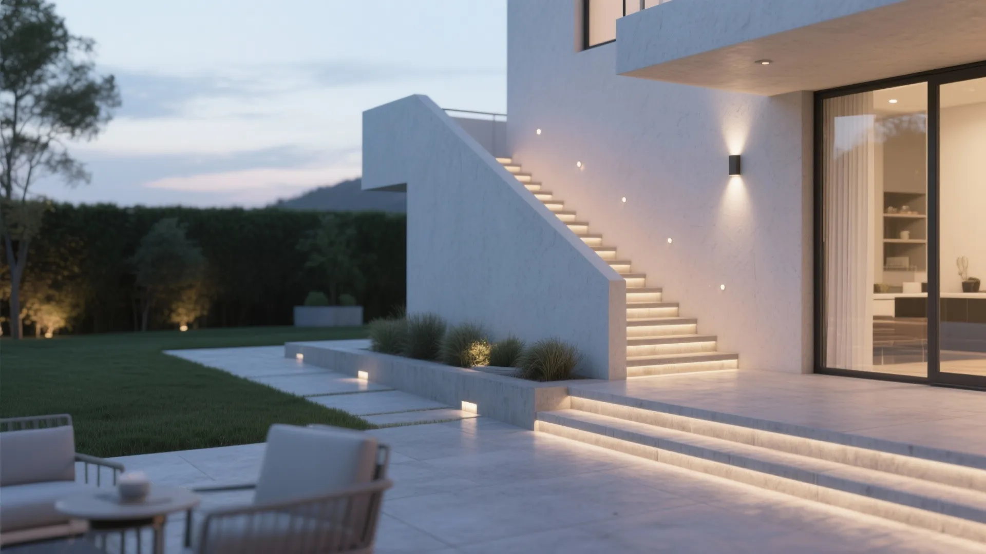 Modern outdoor patio with white stairs integrated light strips leading to a garden at sunset