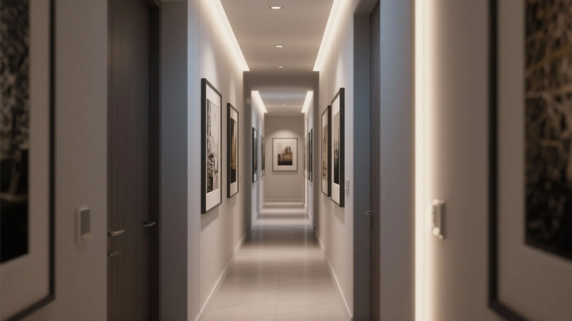 Long hallway with hidden ceiling lights wall art and dark wood doors in modern home