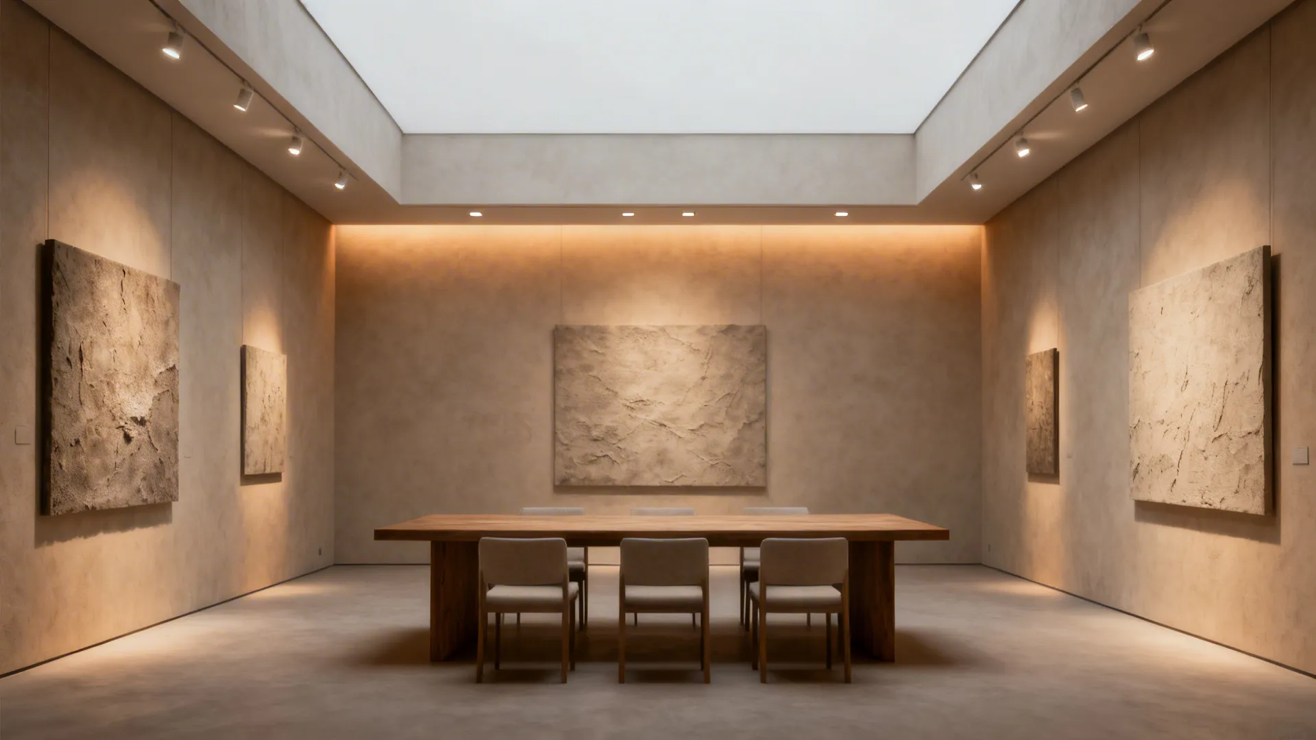 Minimalist dining room with recessed downlights and wall-wash highlighting artwork