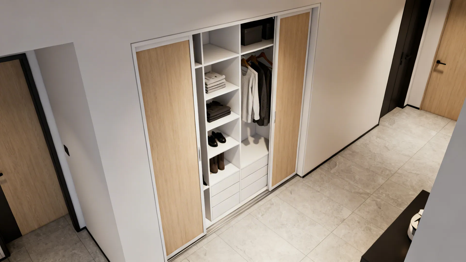 Slim recessed wardrobe with sliding doors built into a corridor wall, showing internal organization.