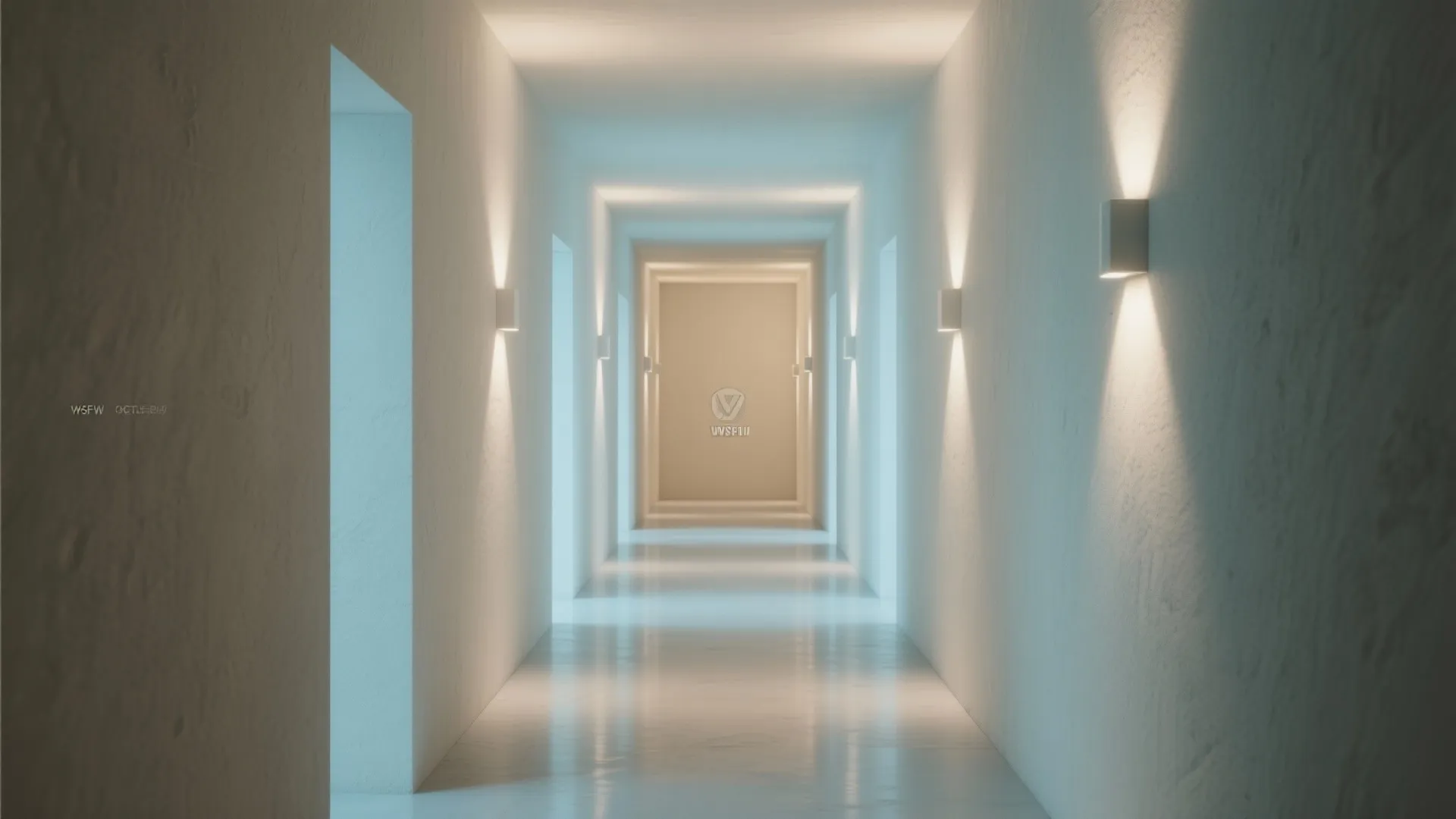 Minimal corridor with recessed plaster wash lights softly illuminating the walls.