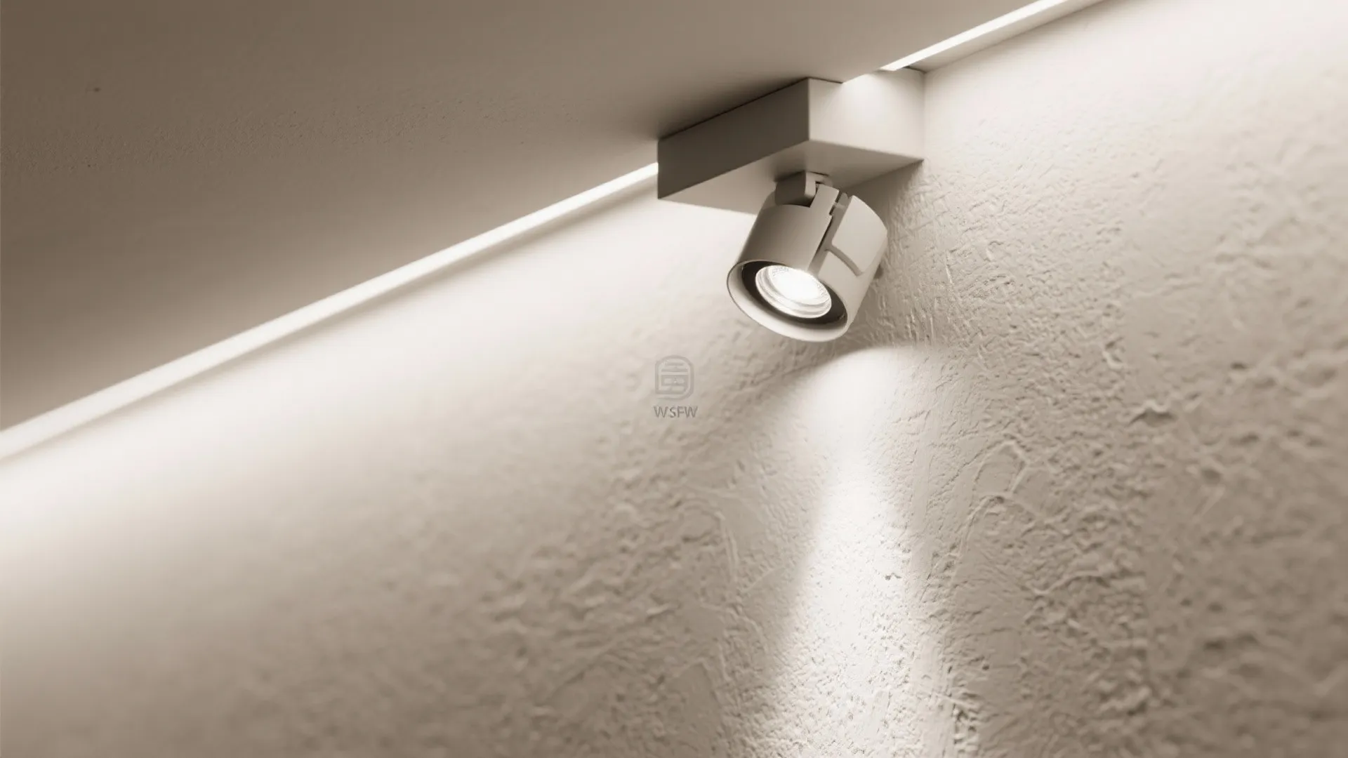 Close up of white light fixture on ceiling casting bright light onto a textured wall