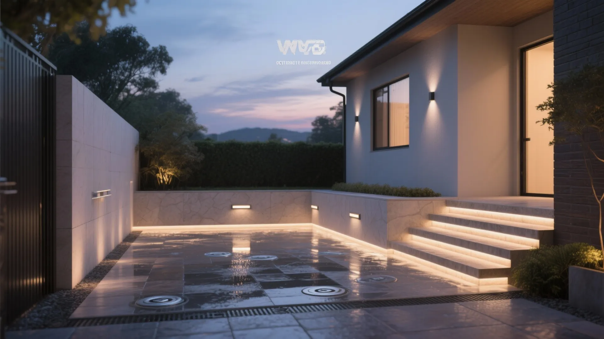 Modern backyard patio with wall light fixtures stairs lighting and glowing garden floor at sunset