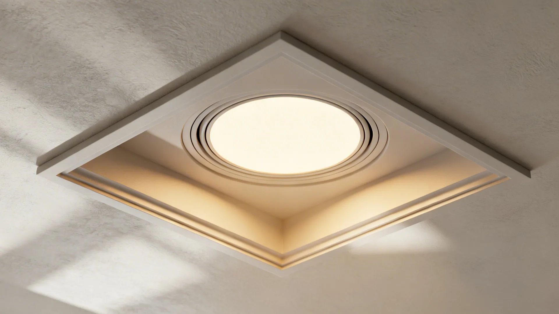 Close-up of a dimmable recessed can with a wide trim and warm LED light in a high ceiling.