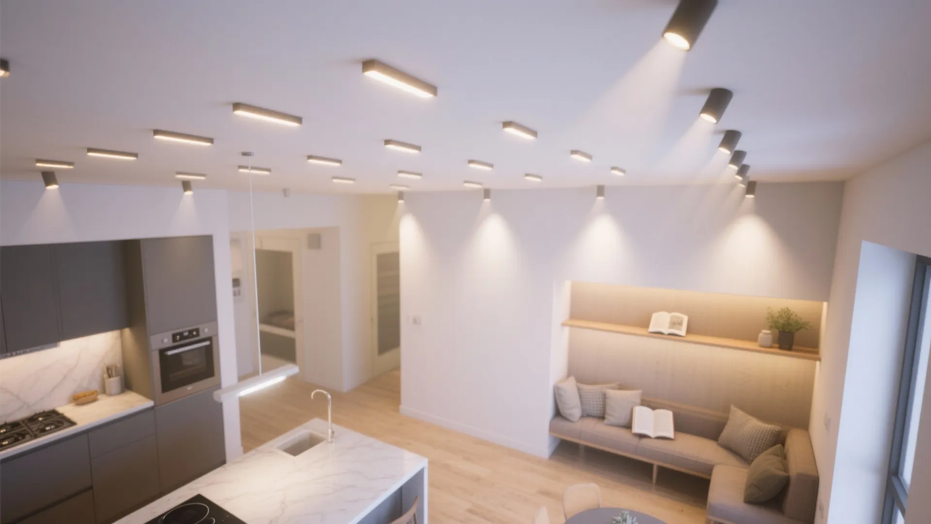 Top down interior design drawing showing kitchen island with sofa and many small recessed ceiling lights