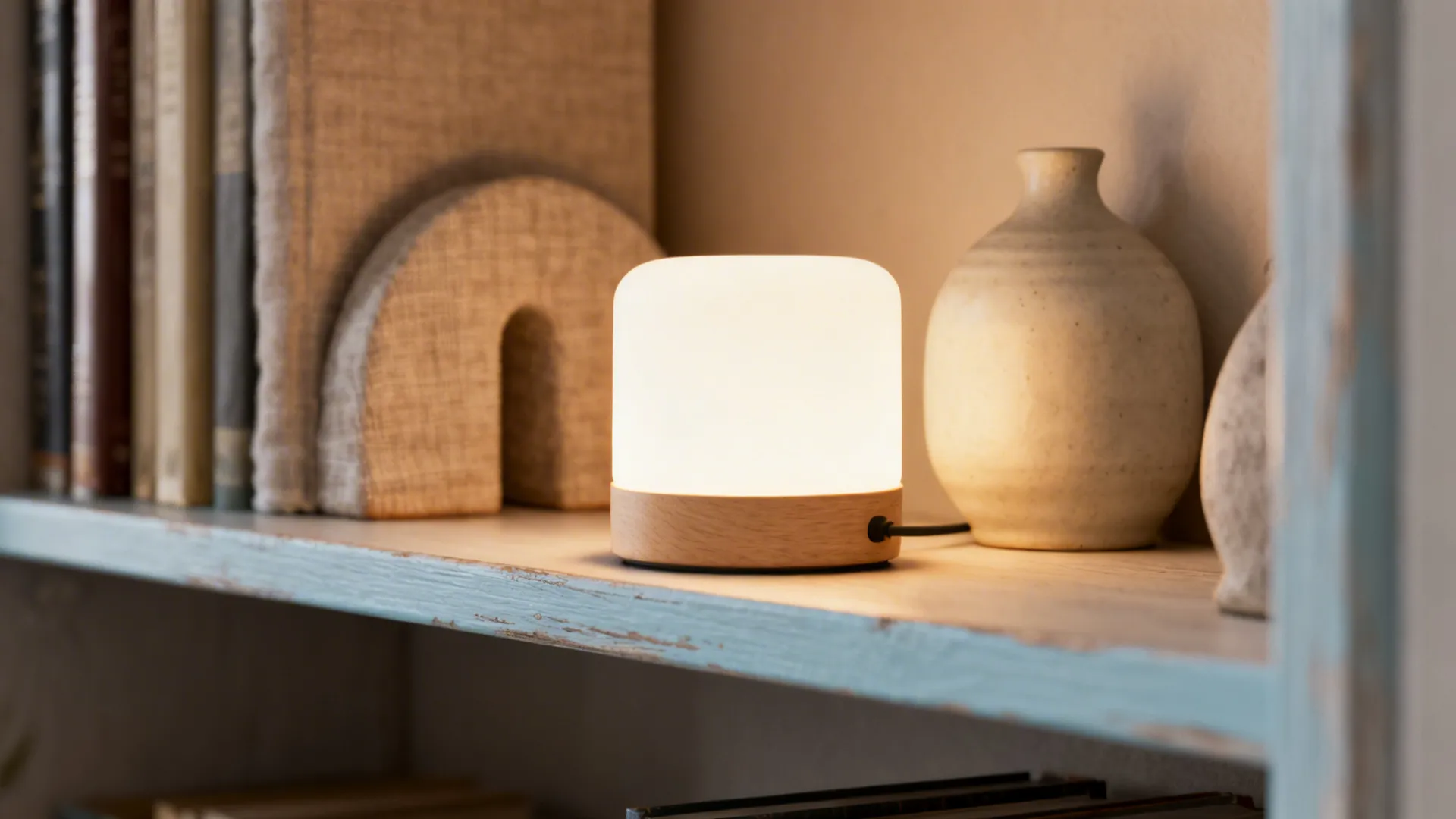 Close-up of a rechargeable LED accent lamp glowing on a floating shelf in a cozy nook.