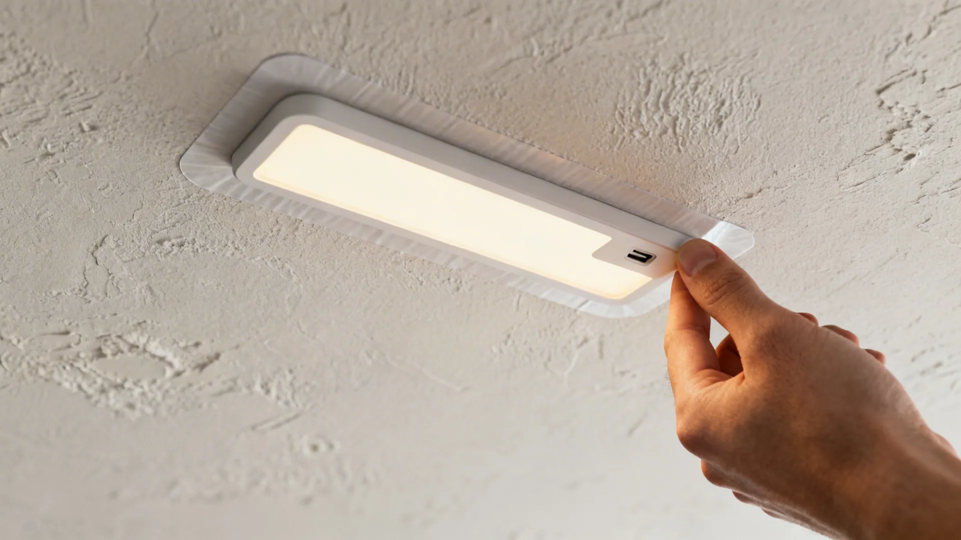 Slim rechargeable LED flush mount stuck to a painted plaster ceiling with a discreet USB port.