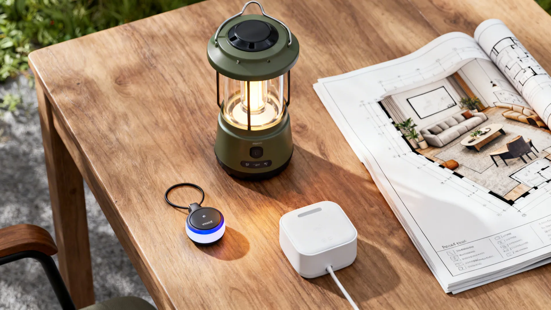 Flatlay of portable rechargeable lamps, chargers and a small room sketch for flexible lighting plans