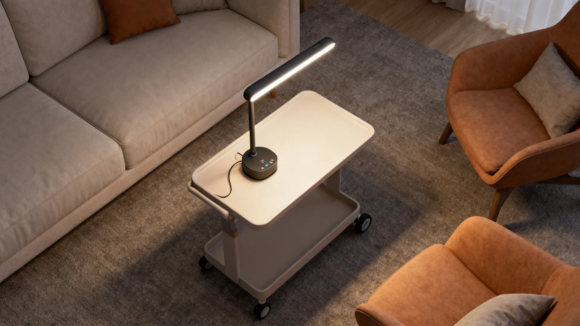 Cordless rechargeable LED lamp on a movable tray table showing portability in a seating area.