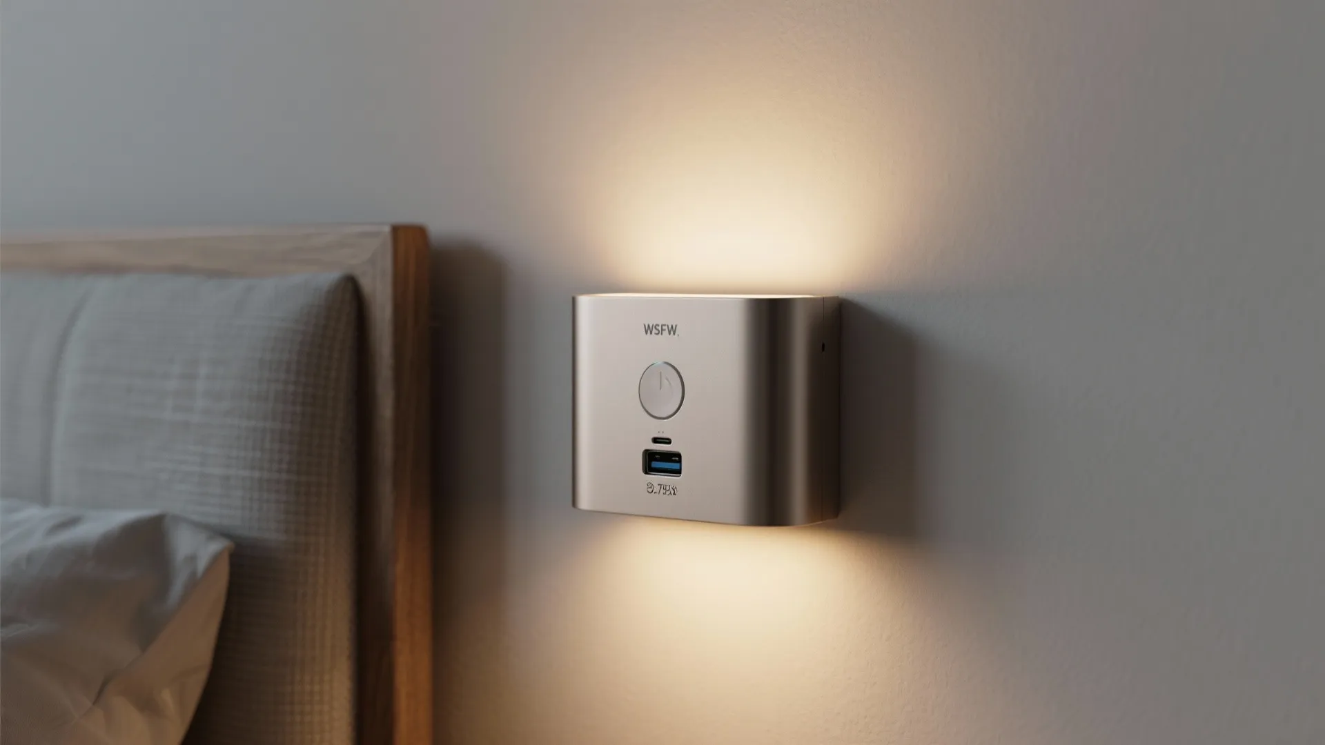 Modern silver wall light with USB port glowing on white wall next to wooden bed