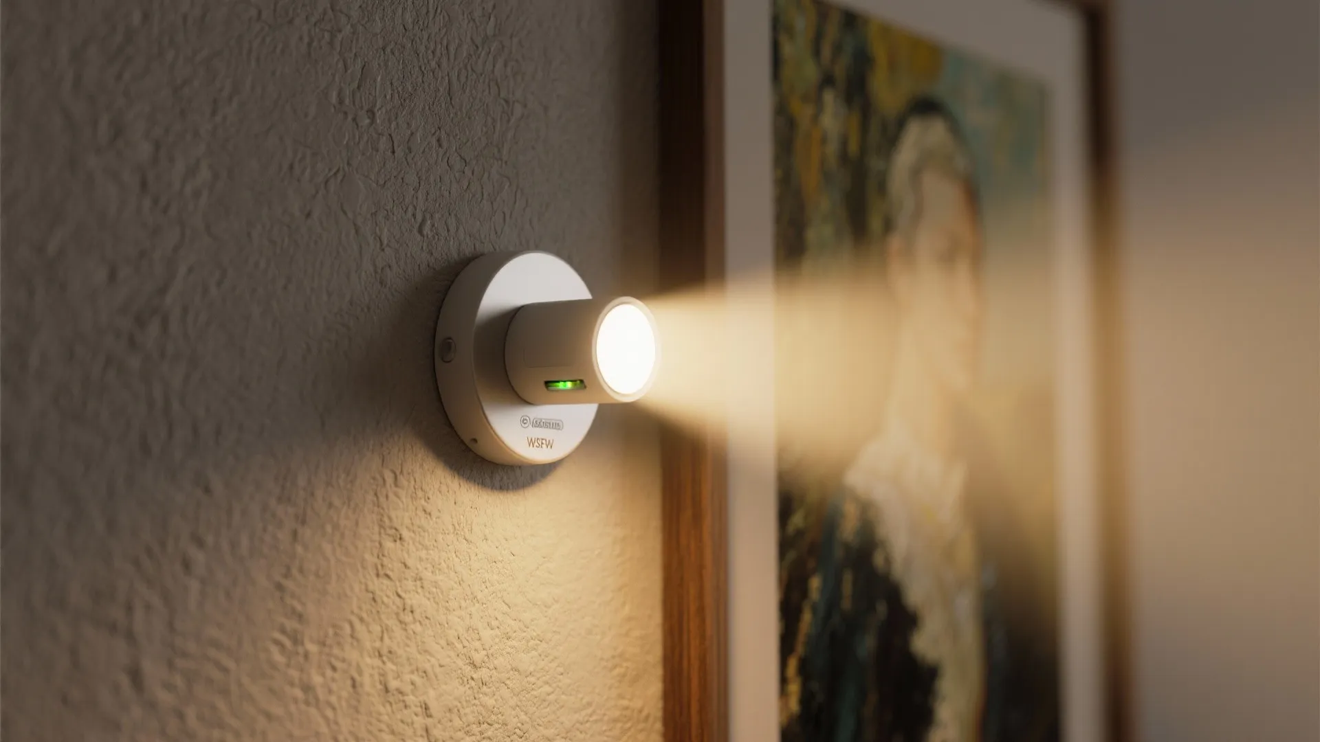 Rechargeable LED picture sconce casting a focused beam on framed artwork with a magnetic mount
