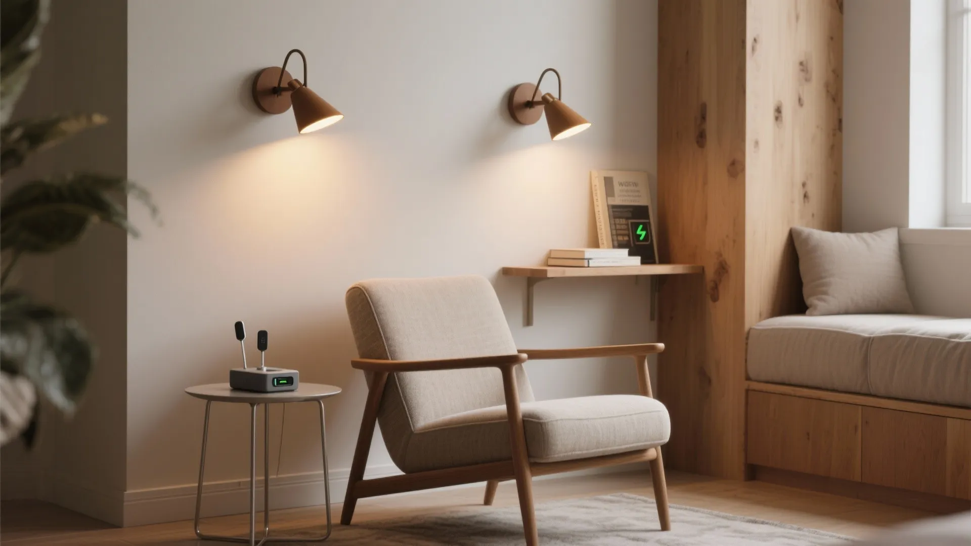 Cozy reading corner with two gold wall lights over a wooden chair and side table