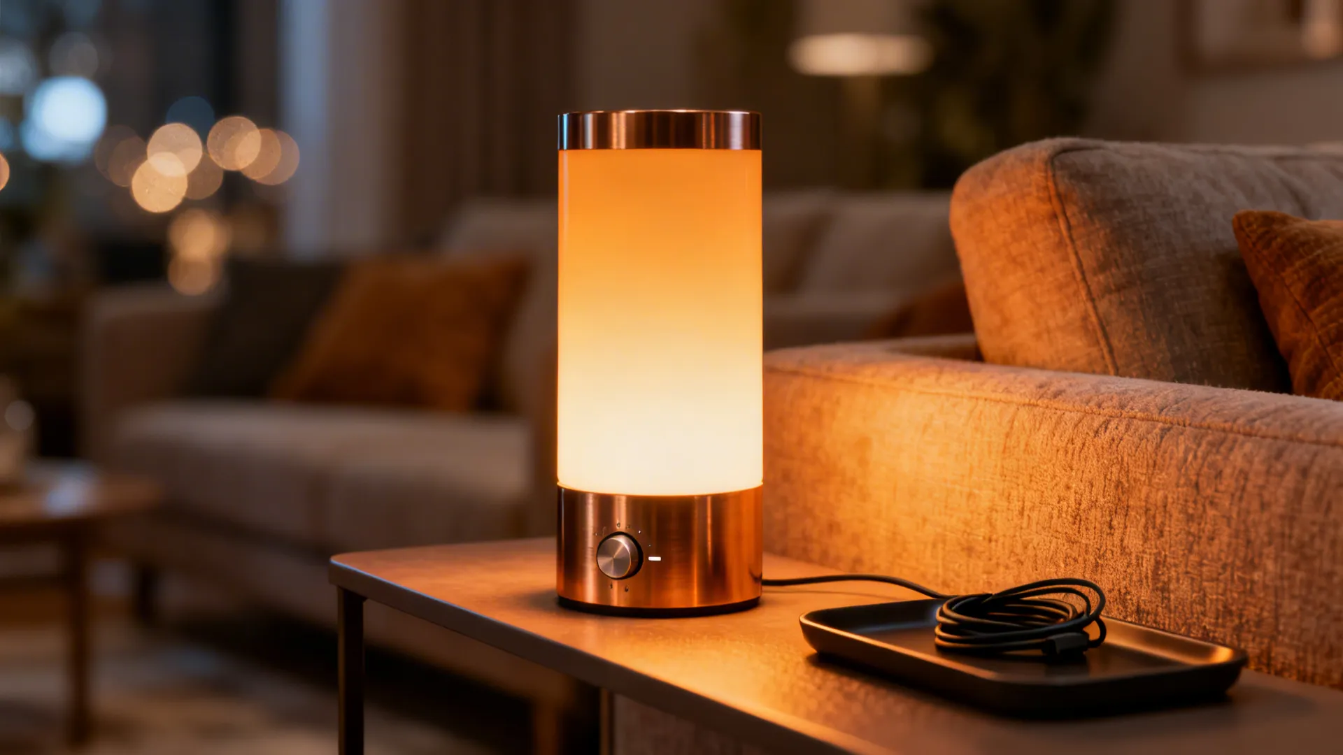 Rechargeable LED table lamp with dimmer on a narrow console next to a sofa and a charging tray.